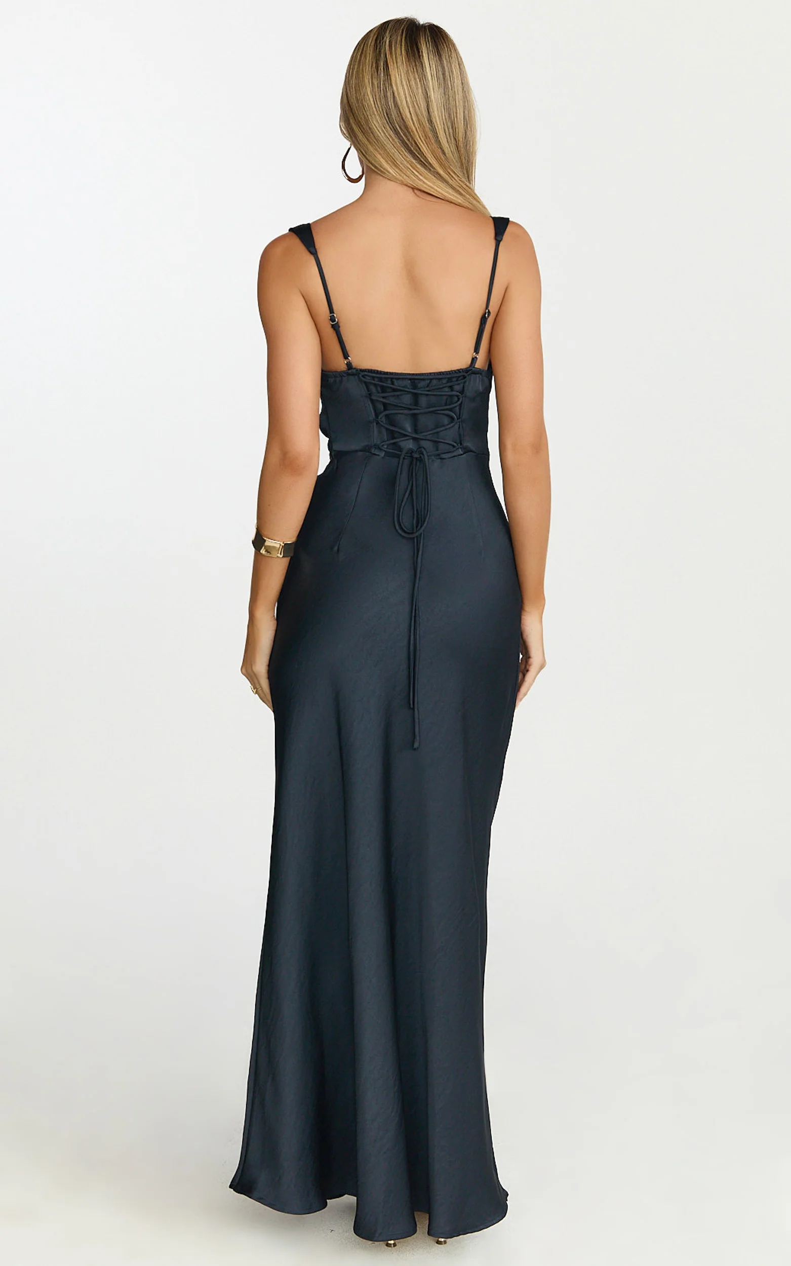 Rumi Maxi Dress - Ruched Bodice Satin Dress in Navy - Image 2