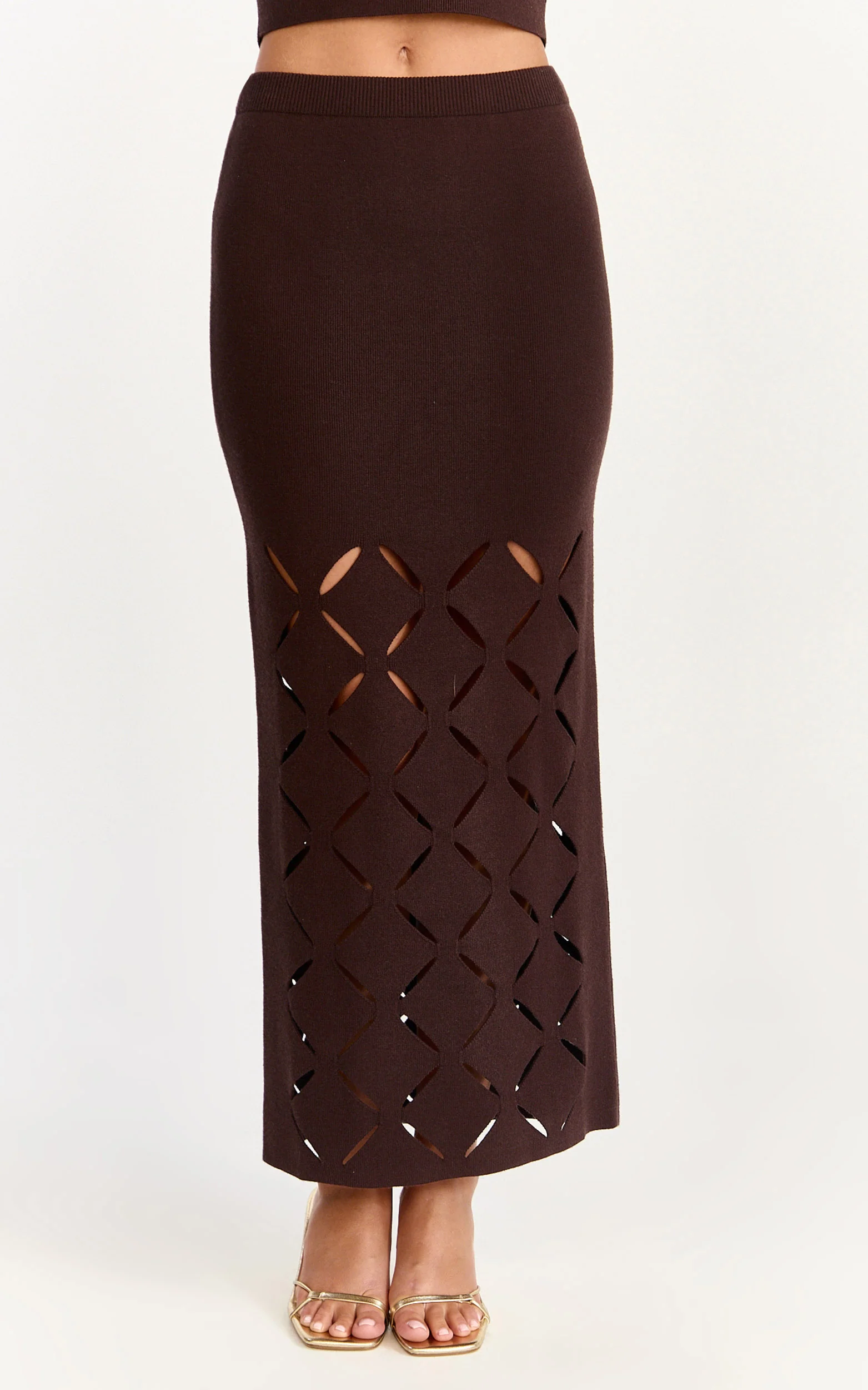 Sabrina Maxi Skirt - Laser Cut Knit Skirt in Chocolate - Image 2