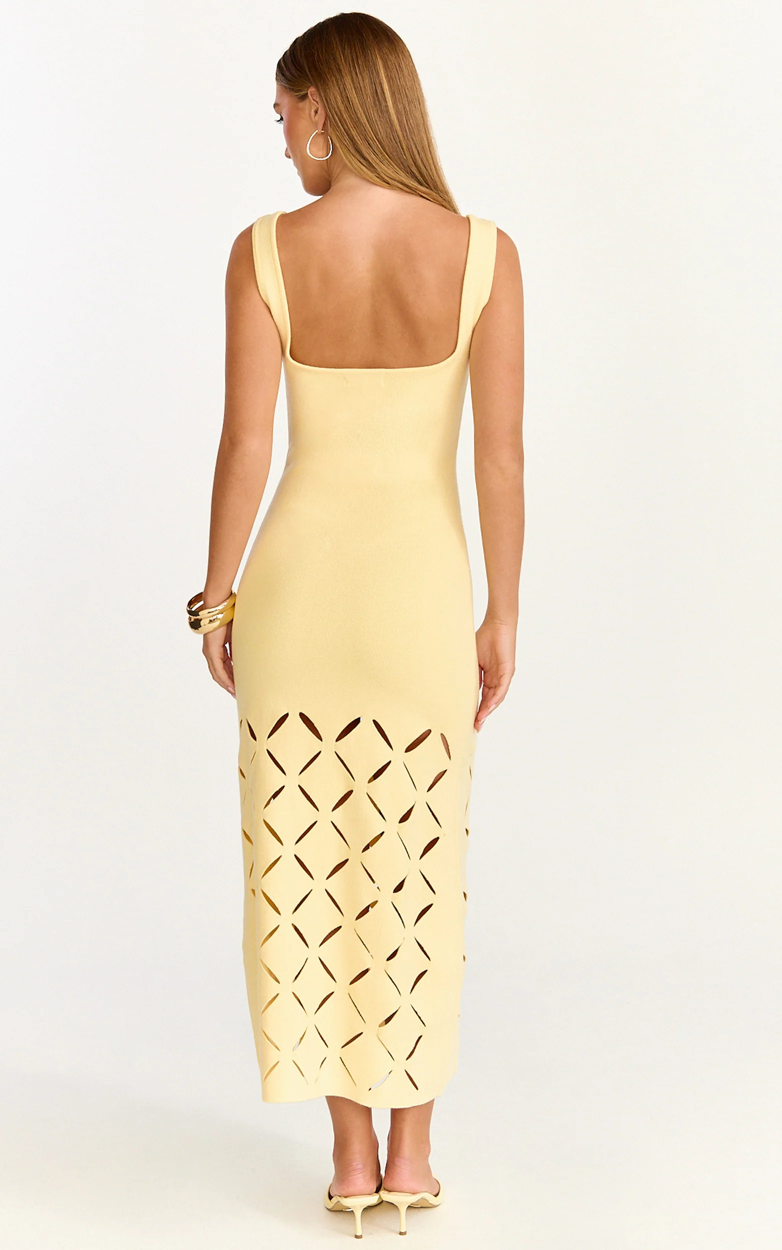Sabrina Midi Dress - Scoop Neck Laser Cut Dress in Lemon - Image 5