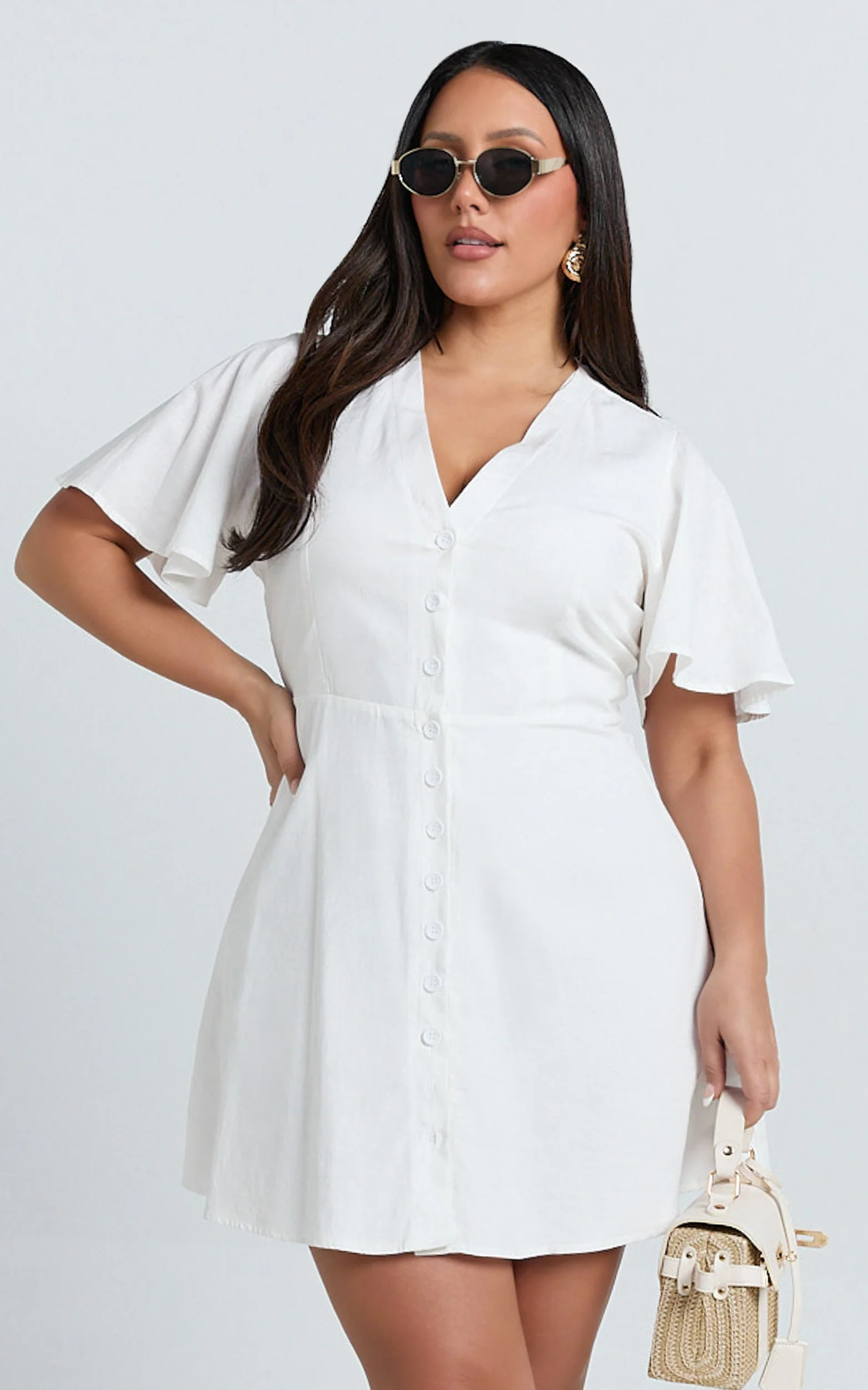 Sahar Mini Dress - Flutter Sleeve Button Through Dress in White - Image 2