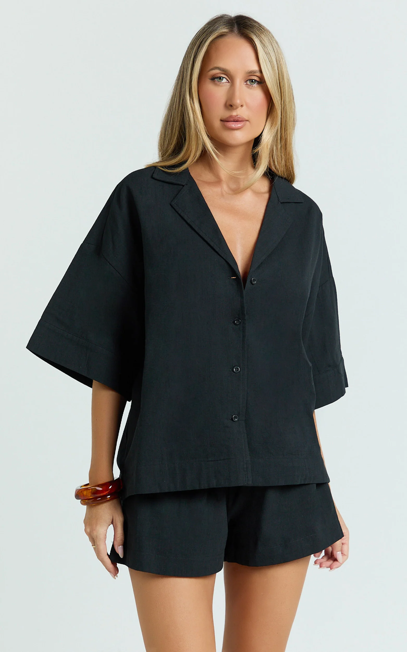 Saina Two Piece Set - Button Through Shirt and Drawstring Shorts Set in Black - Image 3