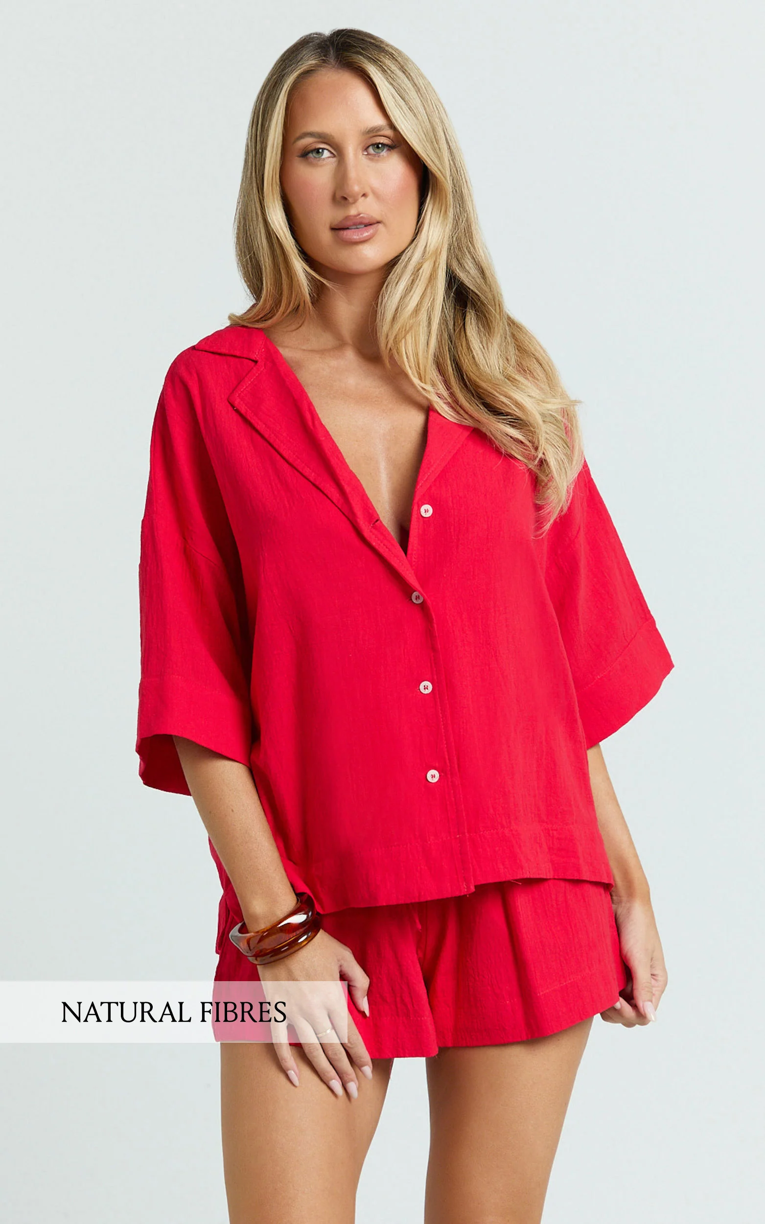 Saina Two Piece Set - Button Through Shirt and Drawstring Shorts Set in Red