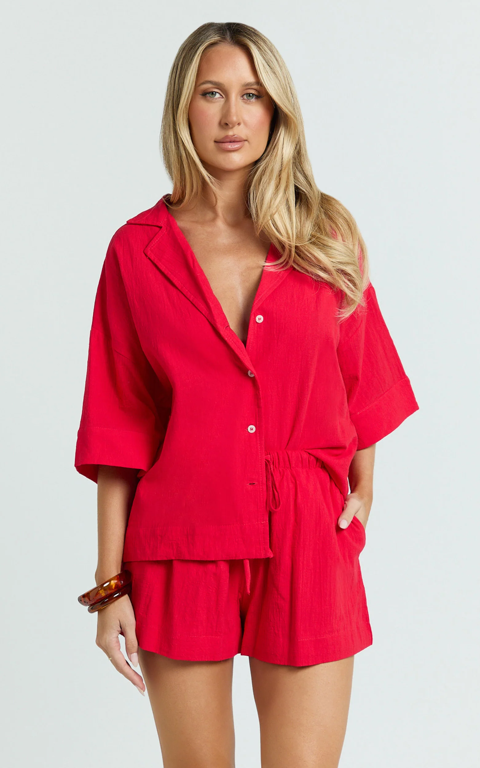 Saina Two Piece Set - Button Through Shirt and Drawstring Shorts Set in Red - Image 3