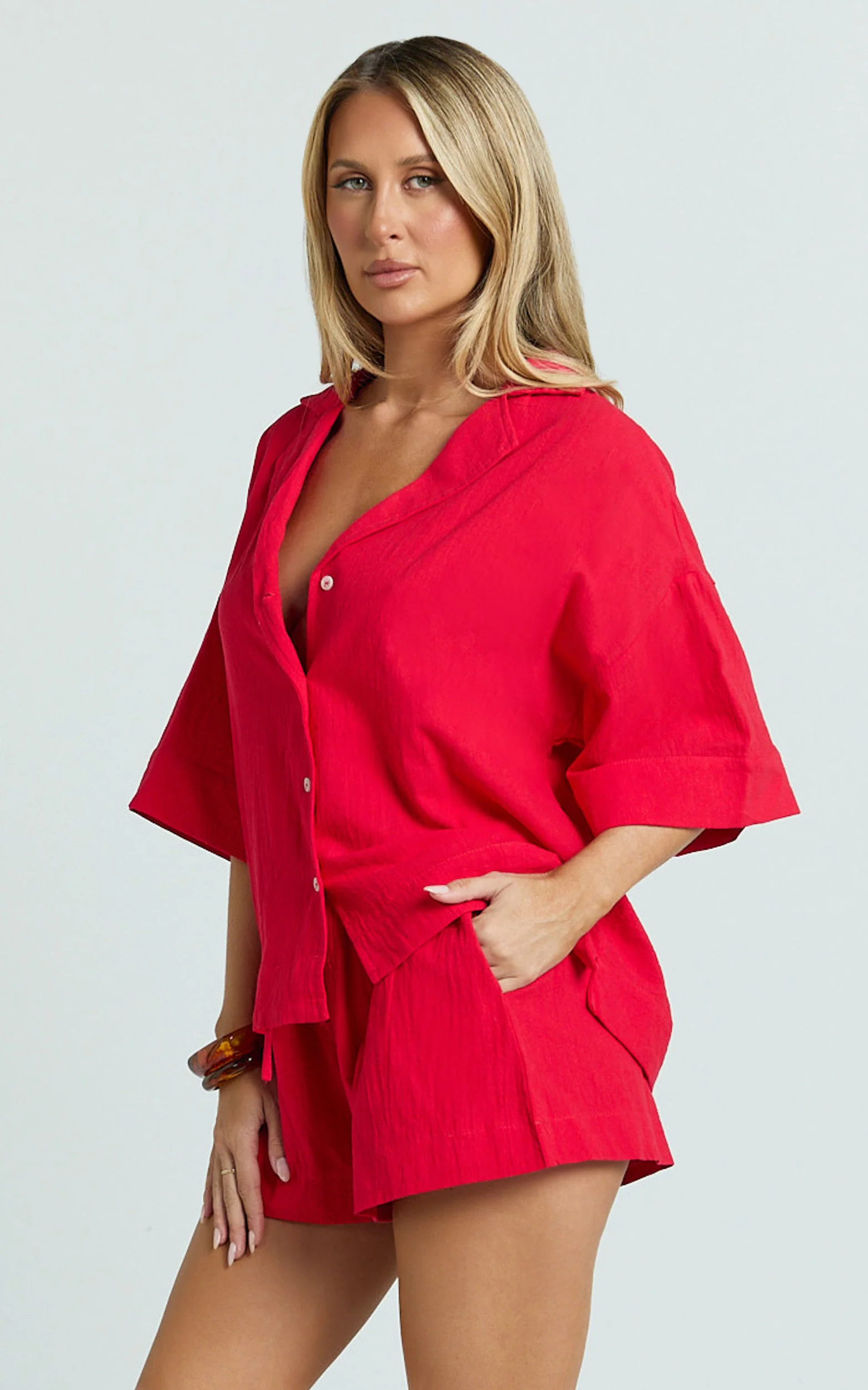 Saina Two Piece Set - Button Through Shirt and Drawstring Shorts Set in Red - Image 4