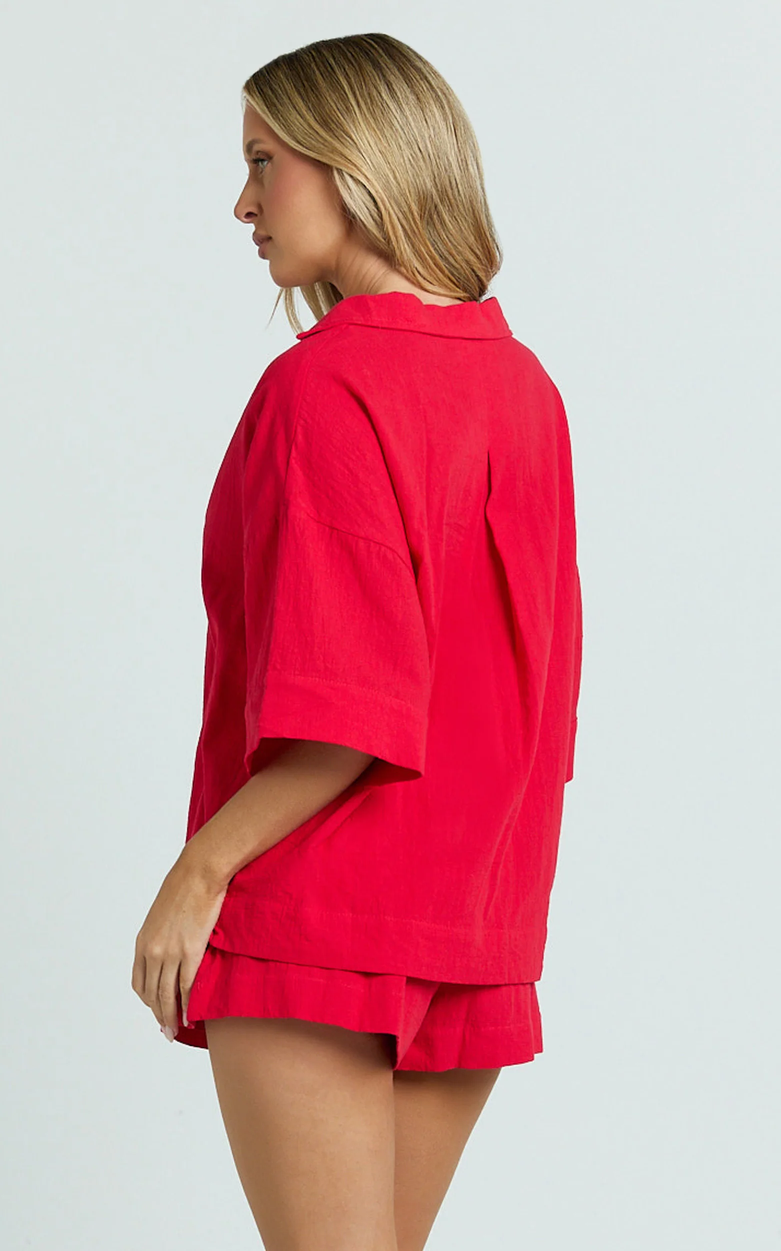 Saina Two Piece Set - Button Through Shirt and Drawstring Shorts Set in Red - Image 5