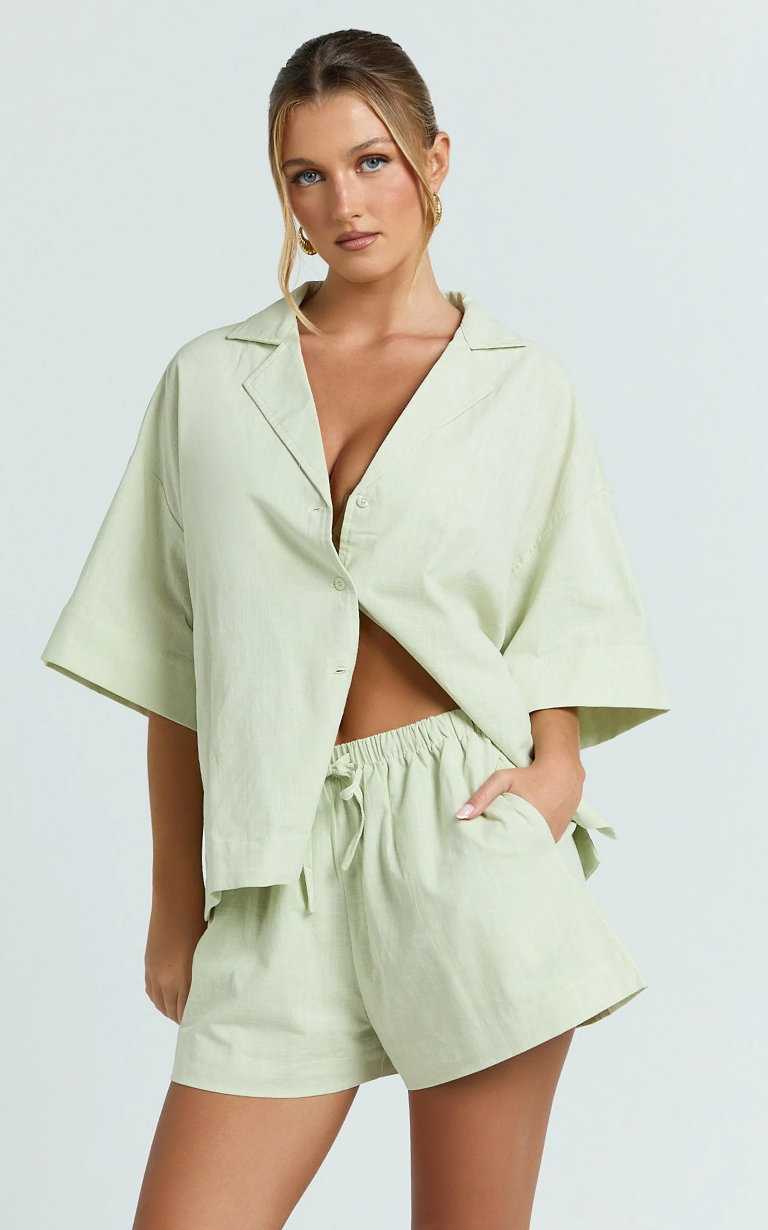 Saina Two Piece Set - Button Through Shirt and Drawstring Shorts Set in Sage - Image 2