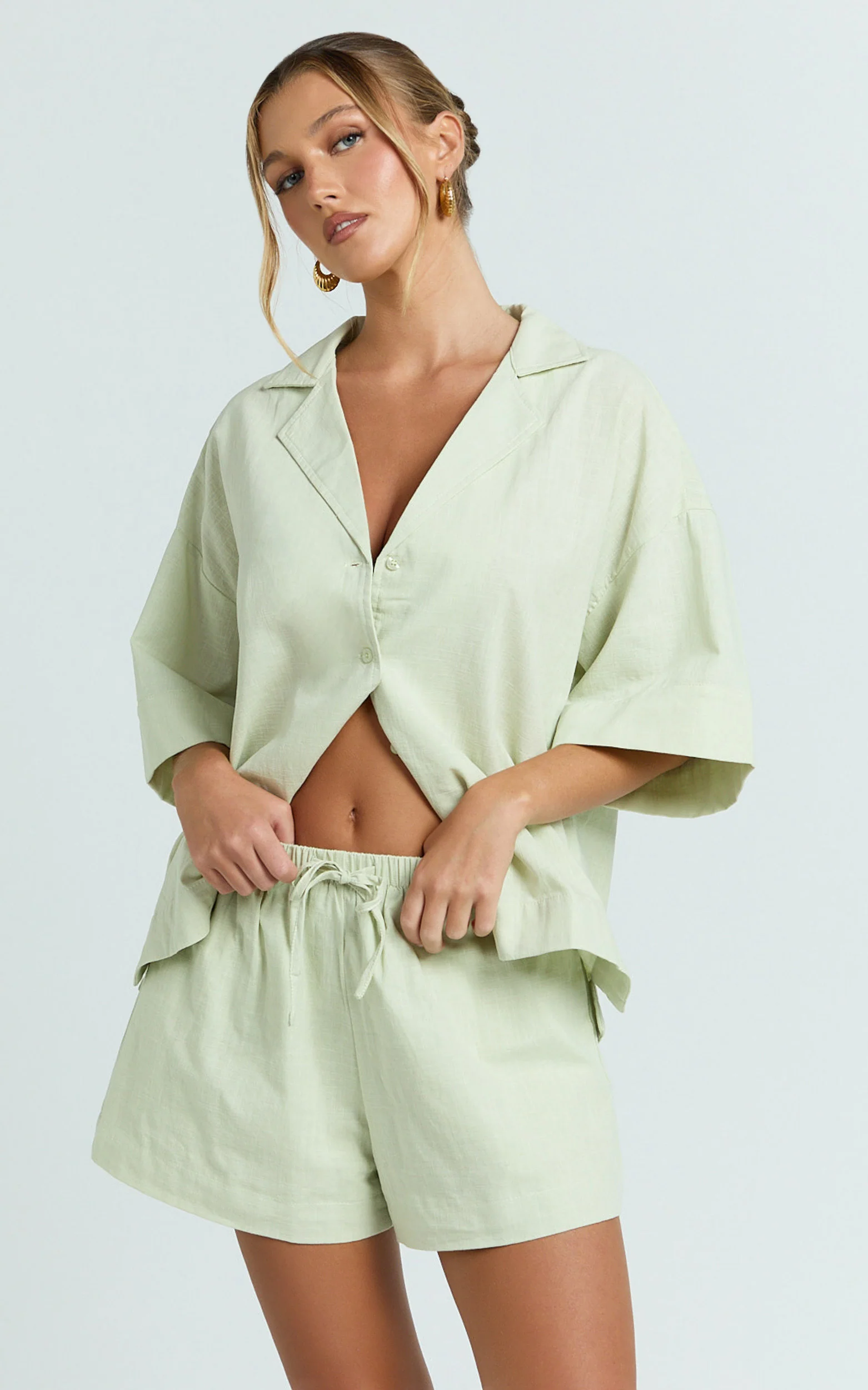 Saina Two Piece Set - Button Through Shirt and Drawstring Shorts Set in Sage - Image 4