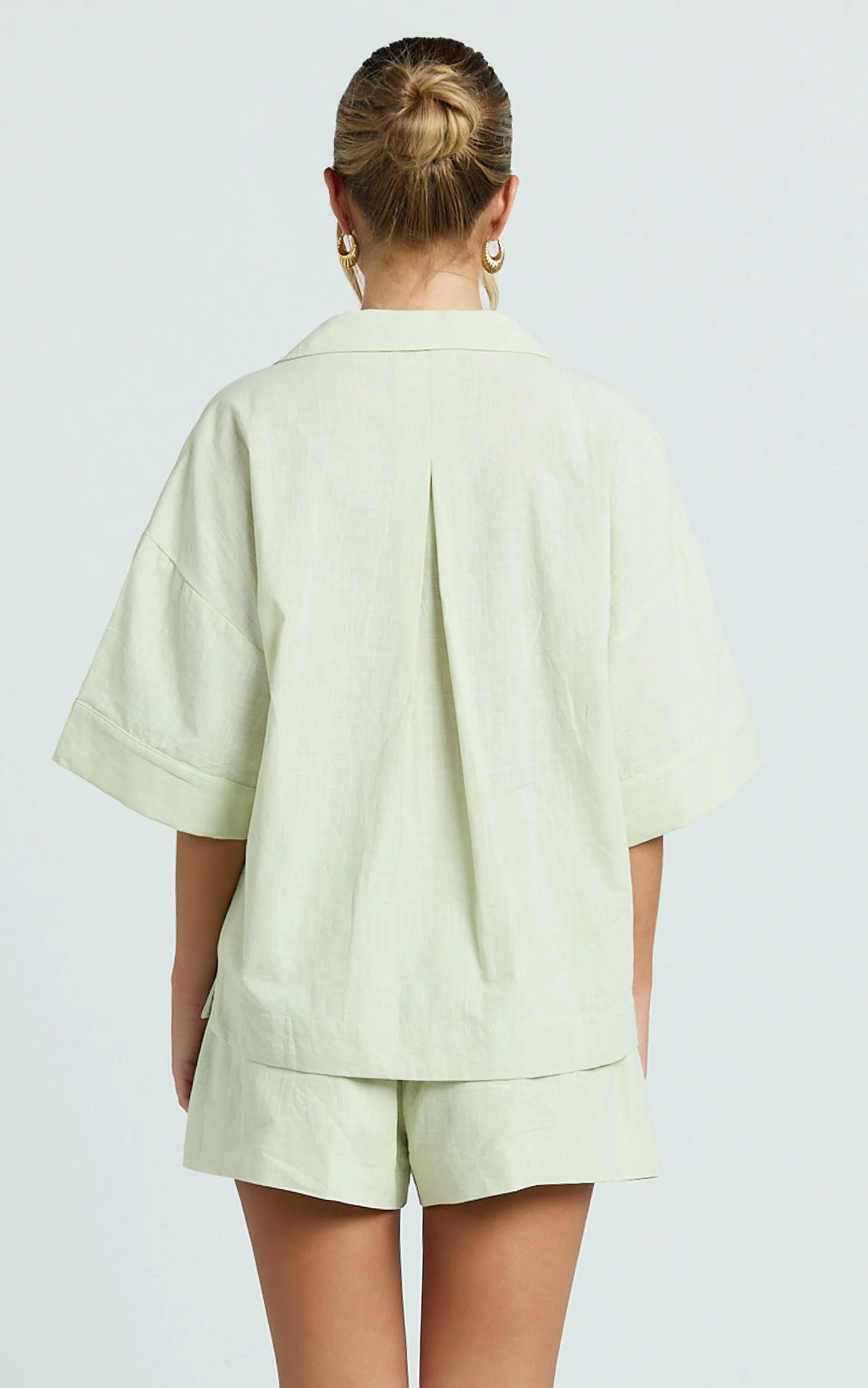 Saina Two Piece Set - Button Through Shirt and Drawstring Shorts Set in Sage - Image 6