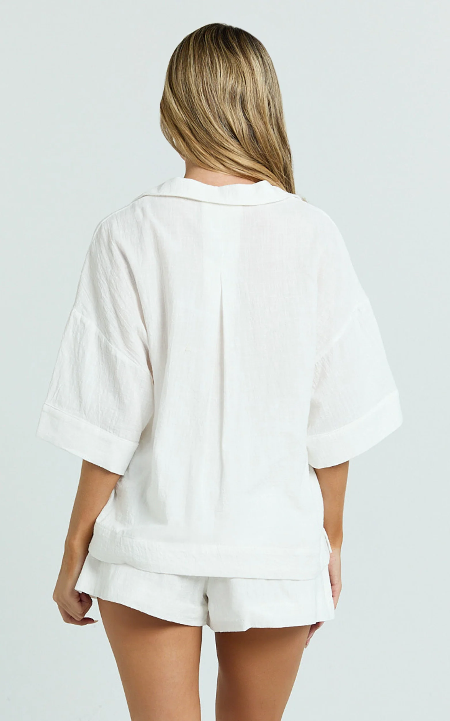 Saina Two Piece Set - Button Through Shirt and Drawstring Shorts Set in White - Image 5