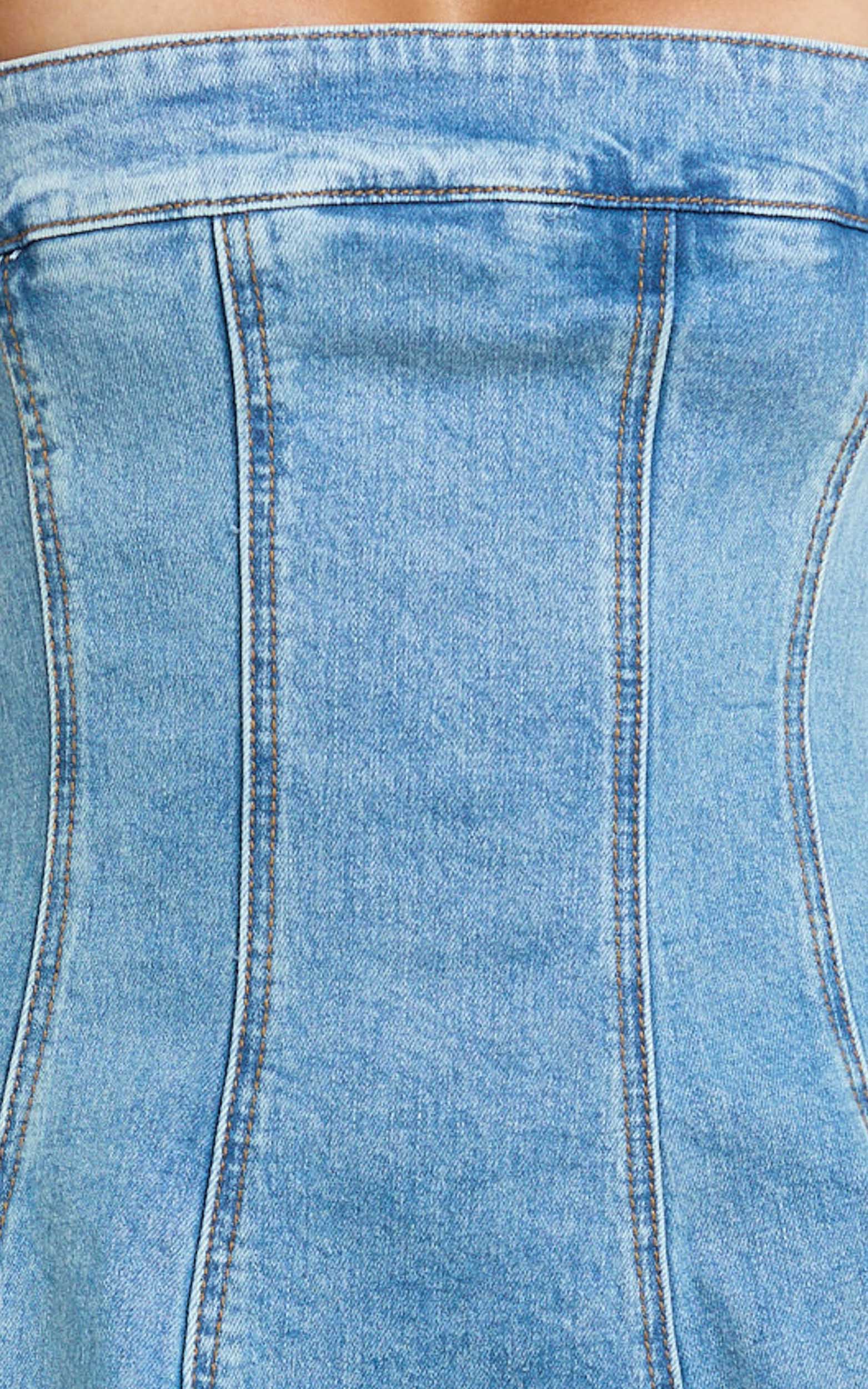 Sally Mini Dress - Straight Neck Fit and Flare Denim Dress in Mid Blue Wash - Image 8