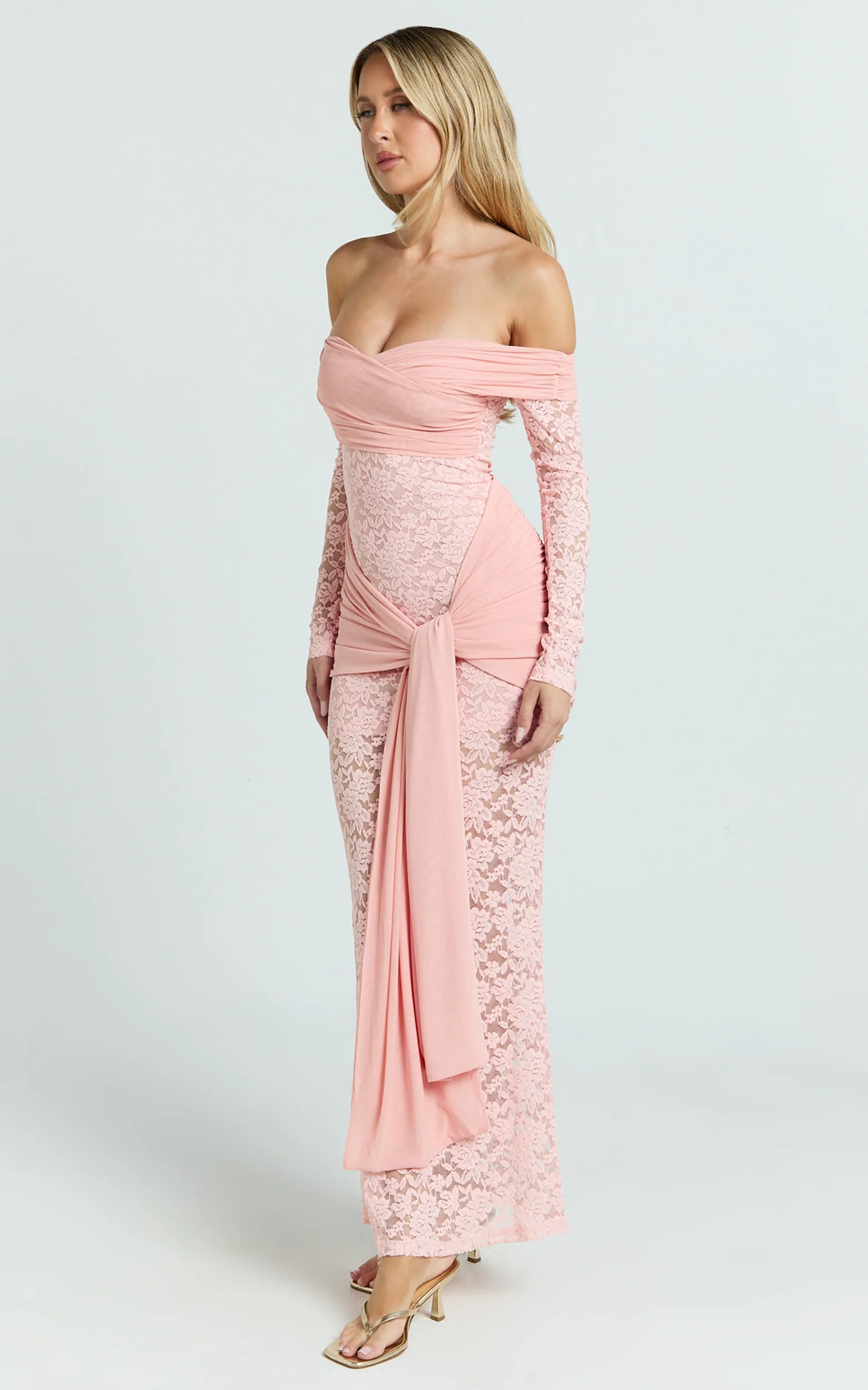 Sandra Midi Dress - Off The Shoulder Sash Bodycon Dress in Pink - Image 4