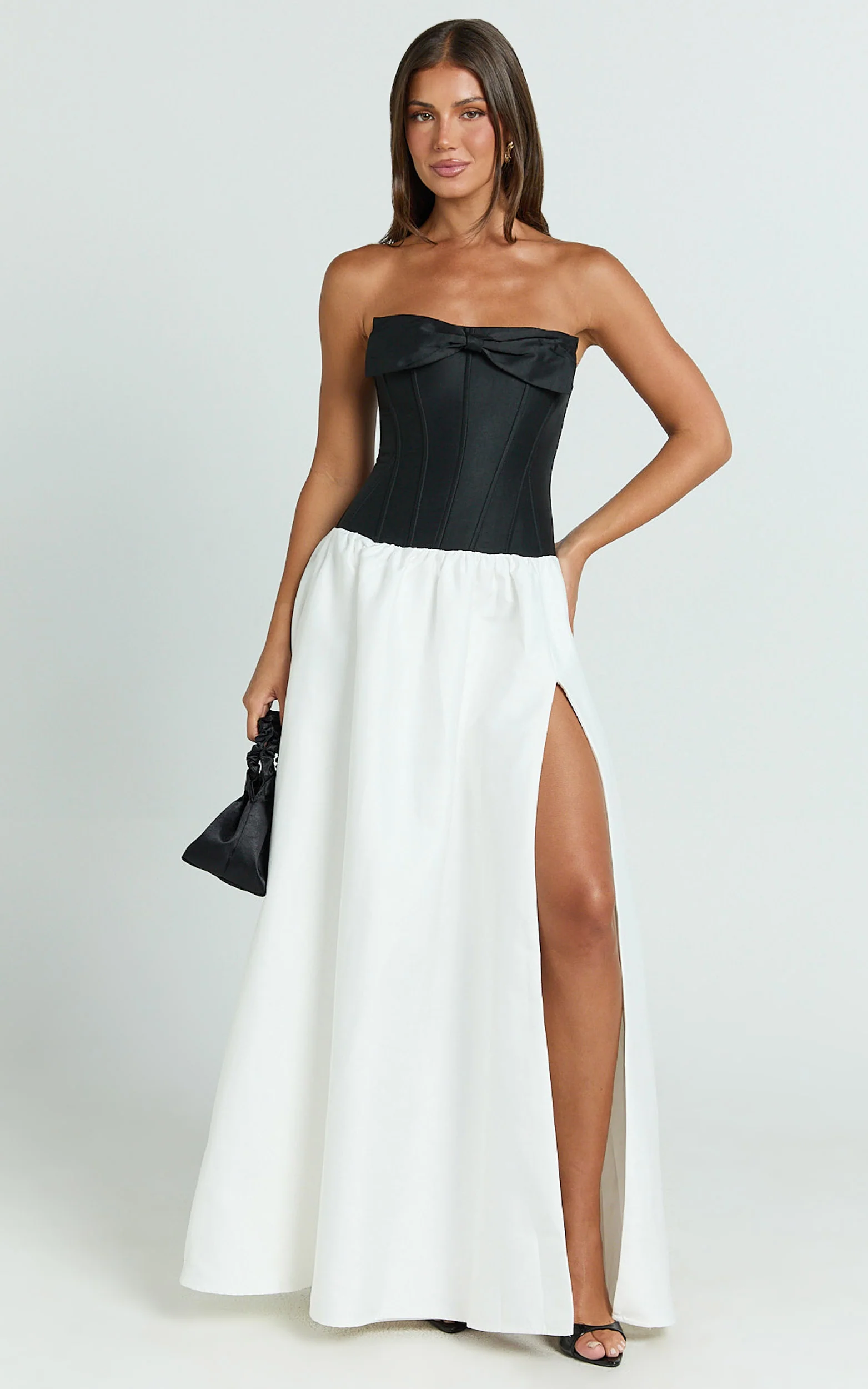 Santana Maxi Dress - Contrast Strapless Fit And Flare Dress in Black/White - Image 4