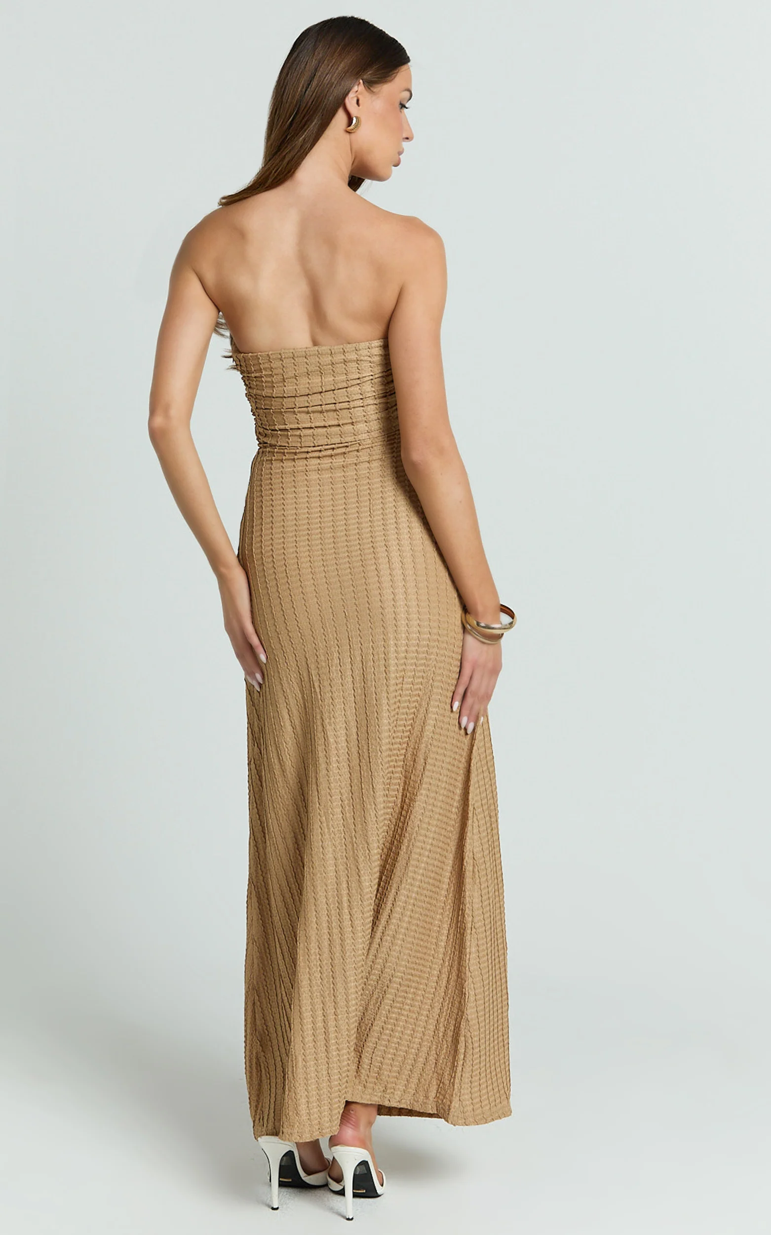Santiago Midi Dress - Textured Jersey Strapless Twist Waist Dress in Beige - Image 6