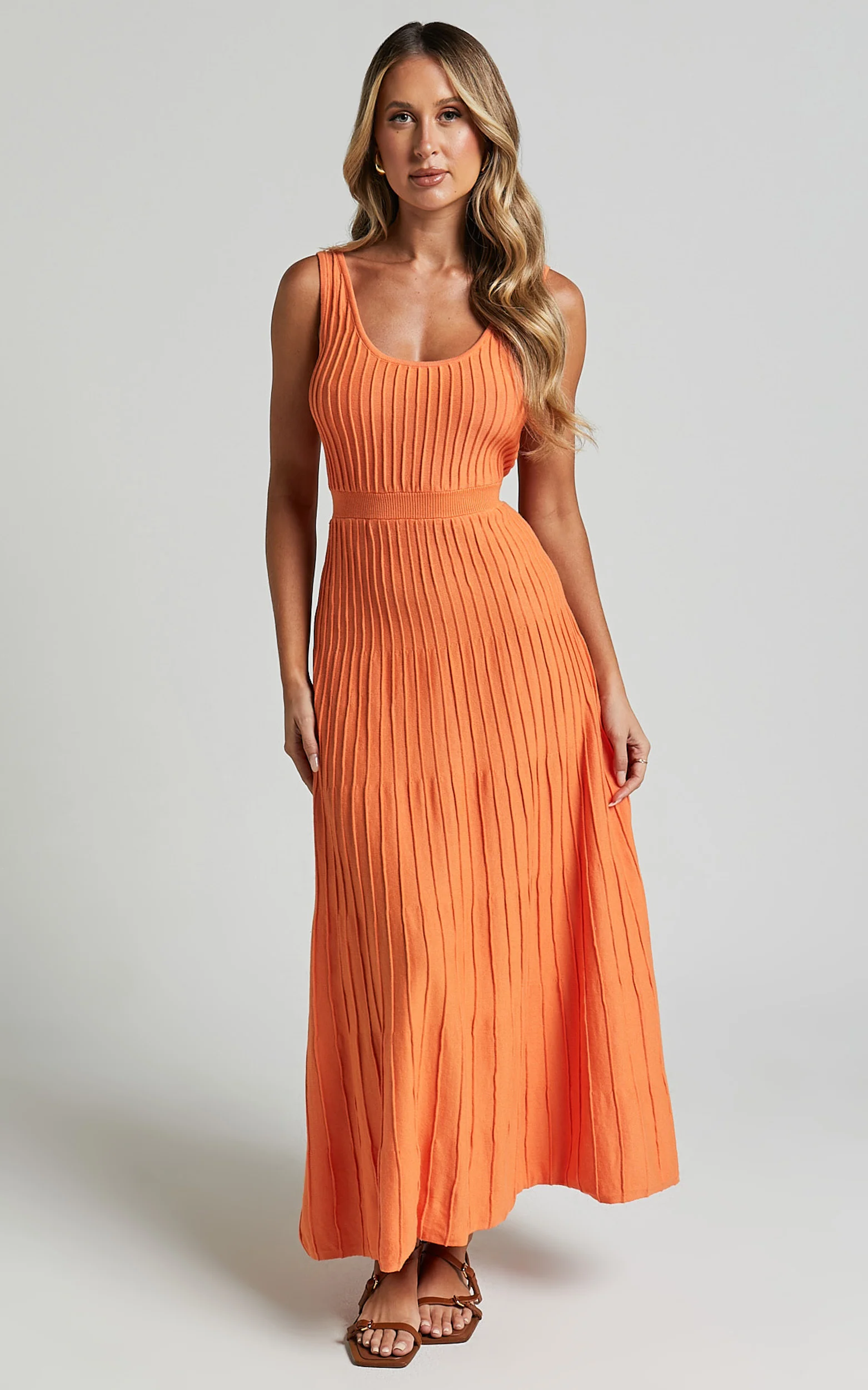 Saoirse Midi Dress - Square Neck Strappy Knit Dress in Mango - Image 3