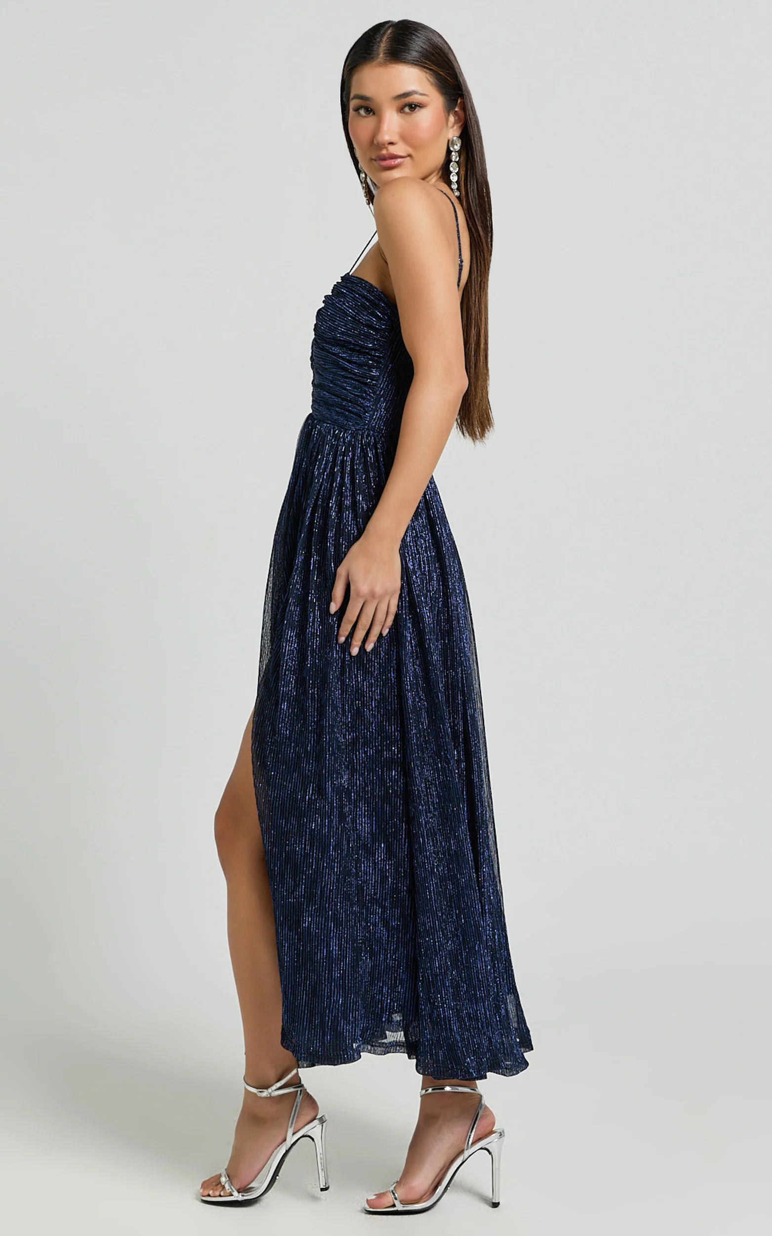 Sara Midi Dress - Ruched Bodice Lurex Dress in Navy - Image 4