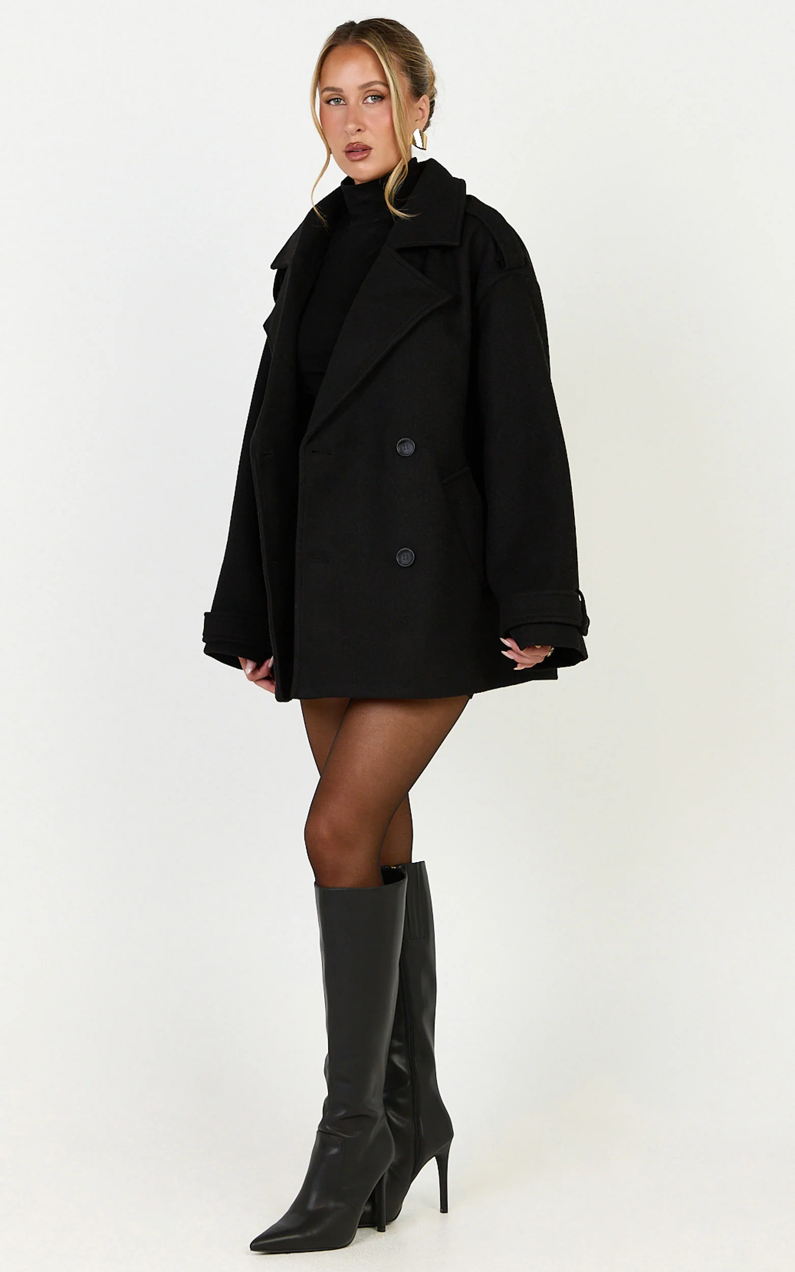 Saskia Coat - Double Breasted Short Wool Like Coat in Black - Image 4