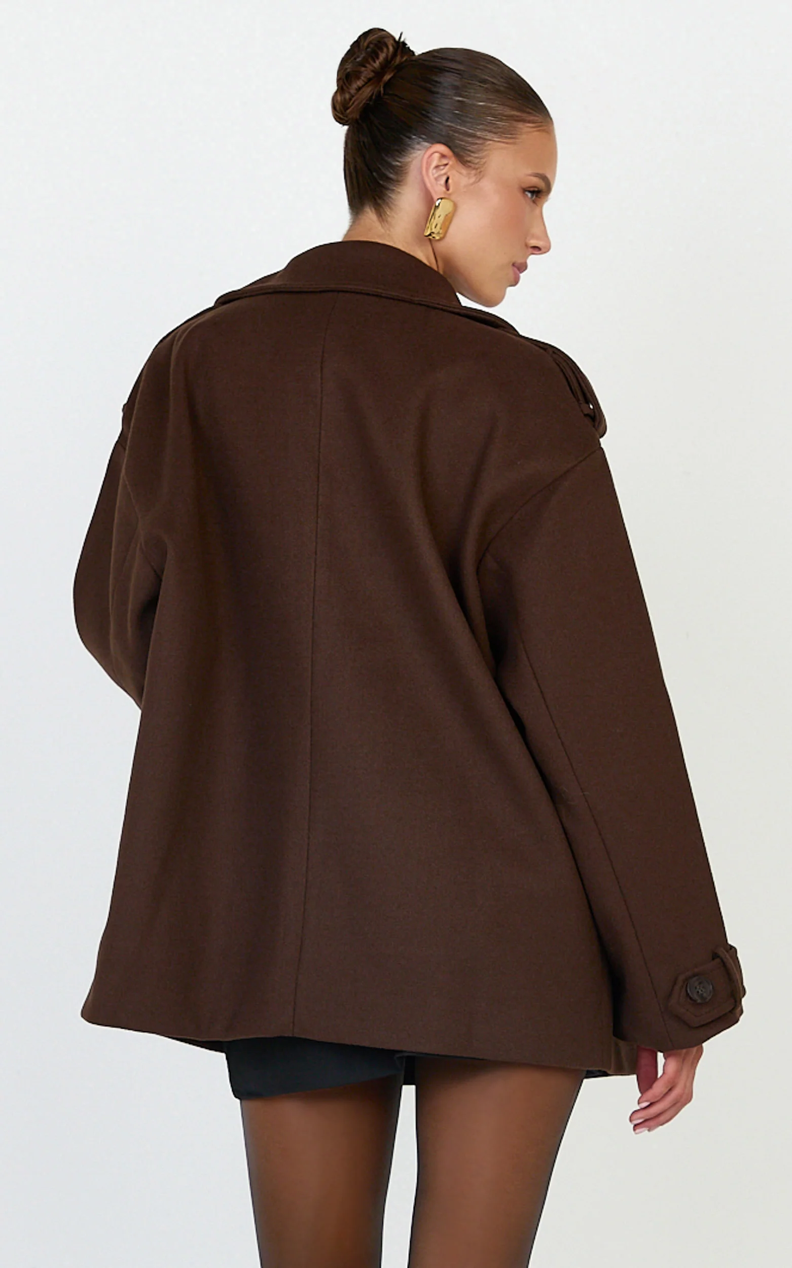 Saskia Coat - Double Breasted Short Wool Like Coat in Chocolate - Image 5