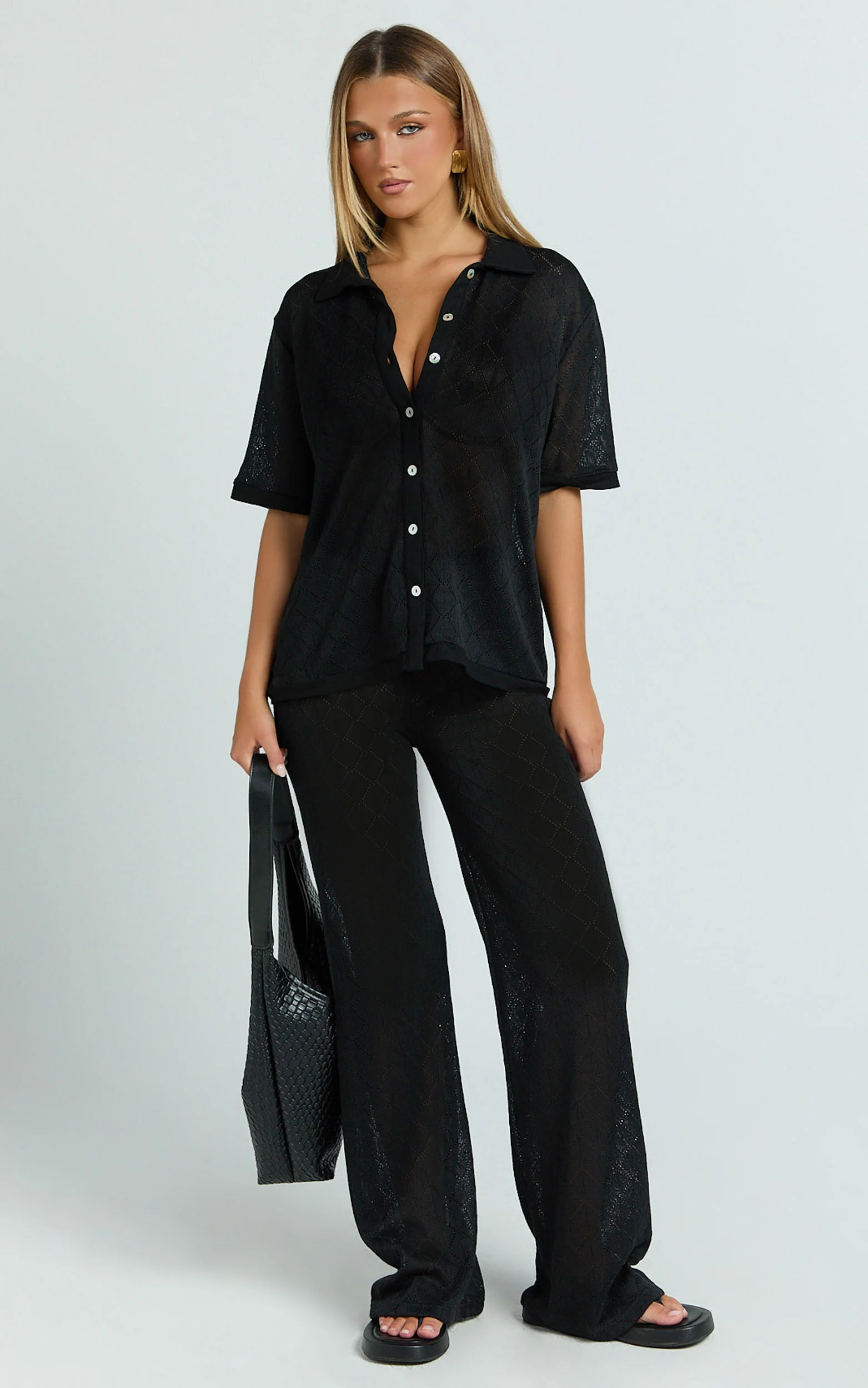 Scarlett Two Piece Top and Pants Set - Knit Button Short Sleeve Shirt and Wide Leg Pant Set in Black