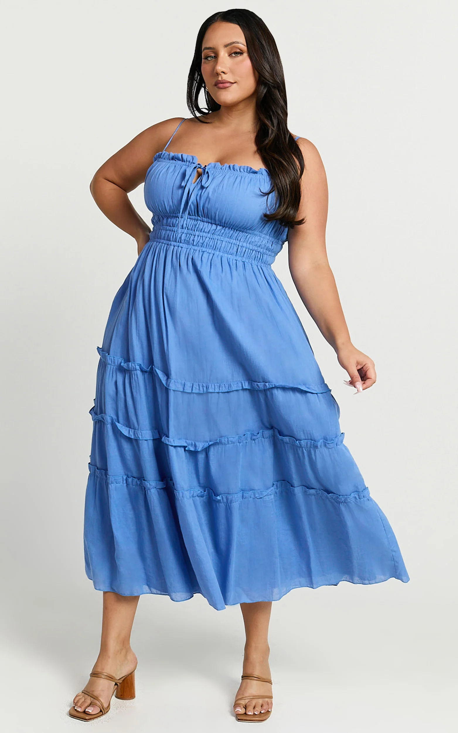 Schiffer Midi Dress - Strappy Ruched Tie Front Tiered Dress in Blue - Image 2