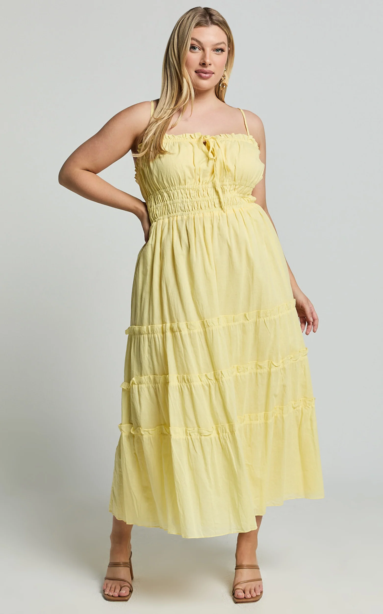 Schiffer Midi Dress - Strappy Ruched Tie Front Tiered Dress in Yellow - Image 6