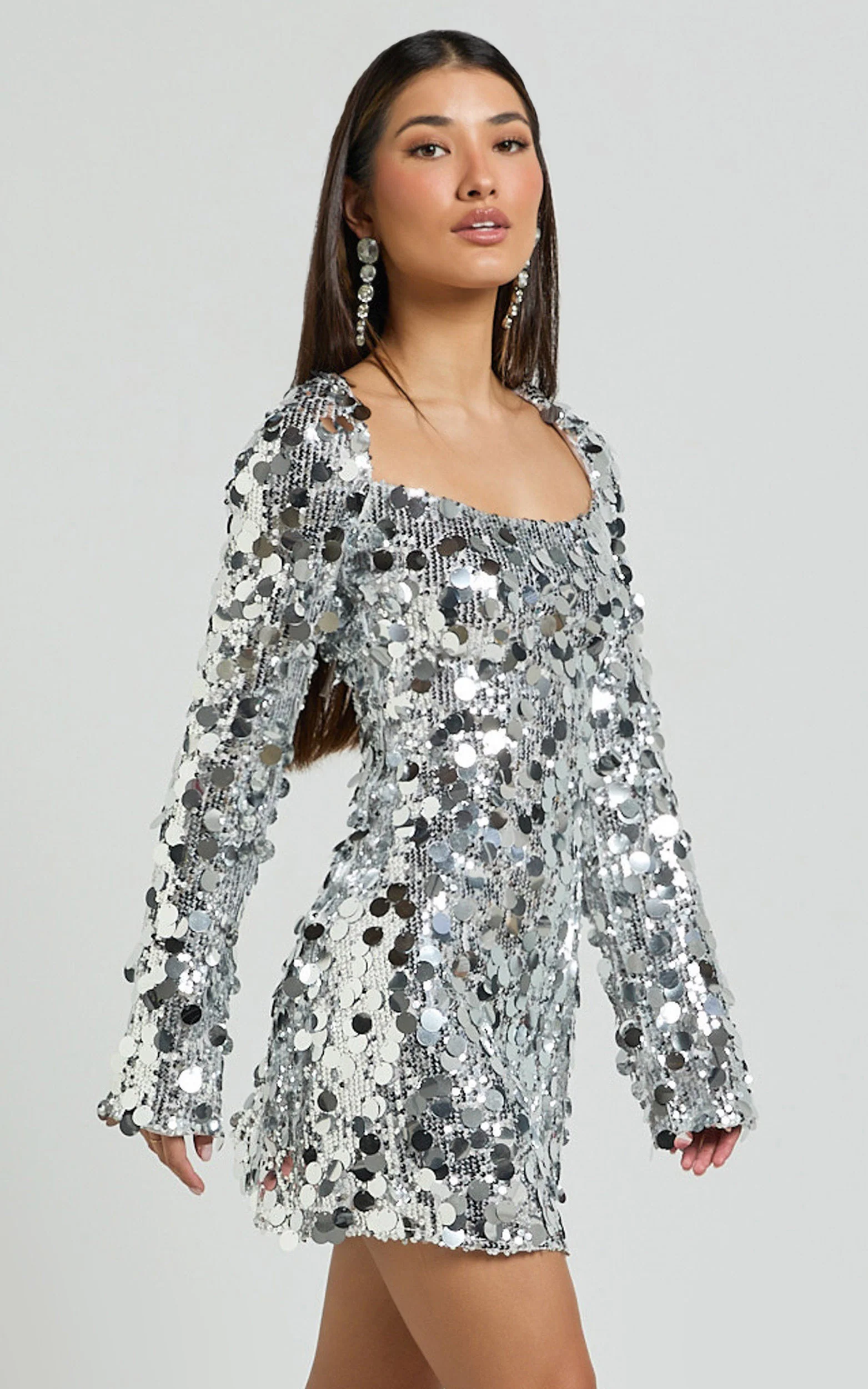 Selena Mini Dress - Flare Sleeve Disc Sequin Dress in Silver - Image 6