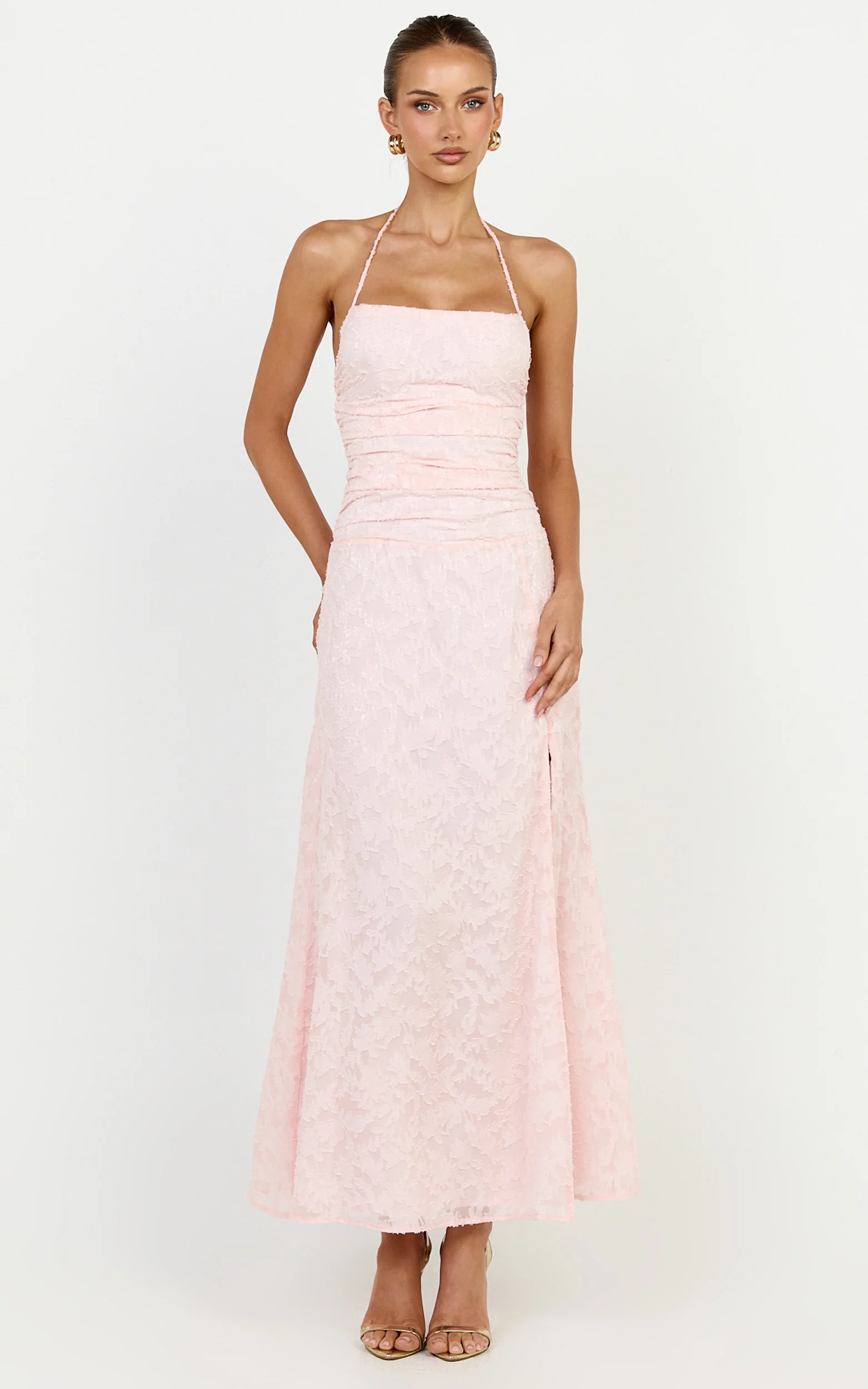 Seraphina Midi Dress - Gathered Bodice Halter Clipped Jacquard Dress in Pink - Image 3