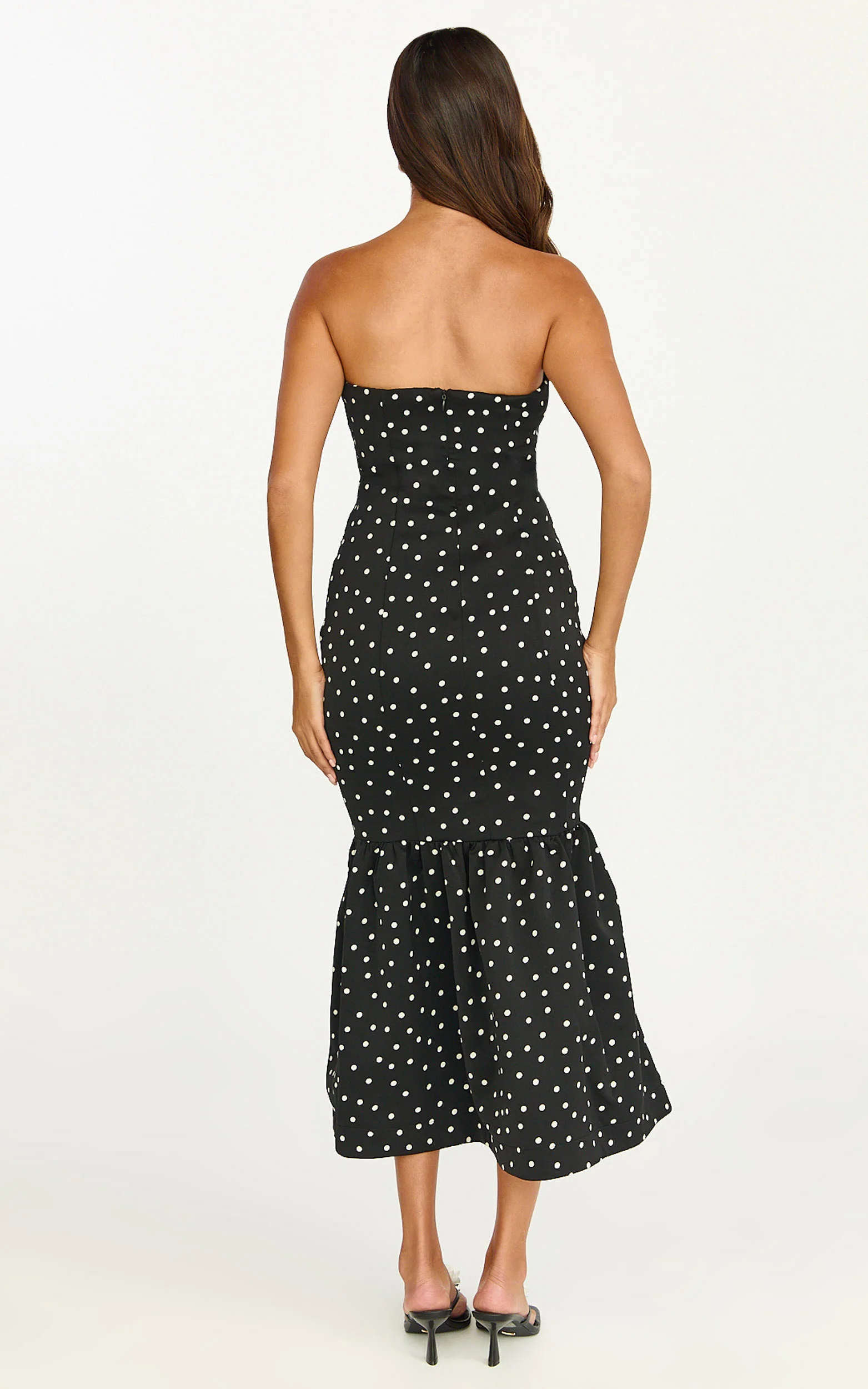 Seraphina Midi Dress - Polka Dot Strapless Lace Neck Gathered Mermaid Skirt Dress in Black Polka Dot - Image 6