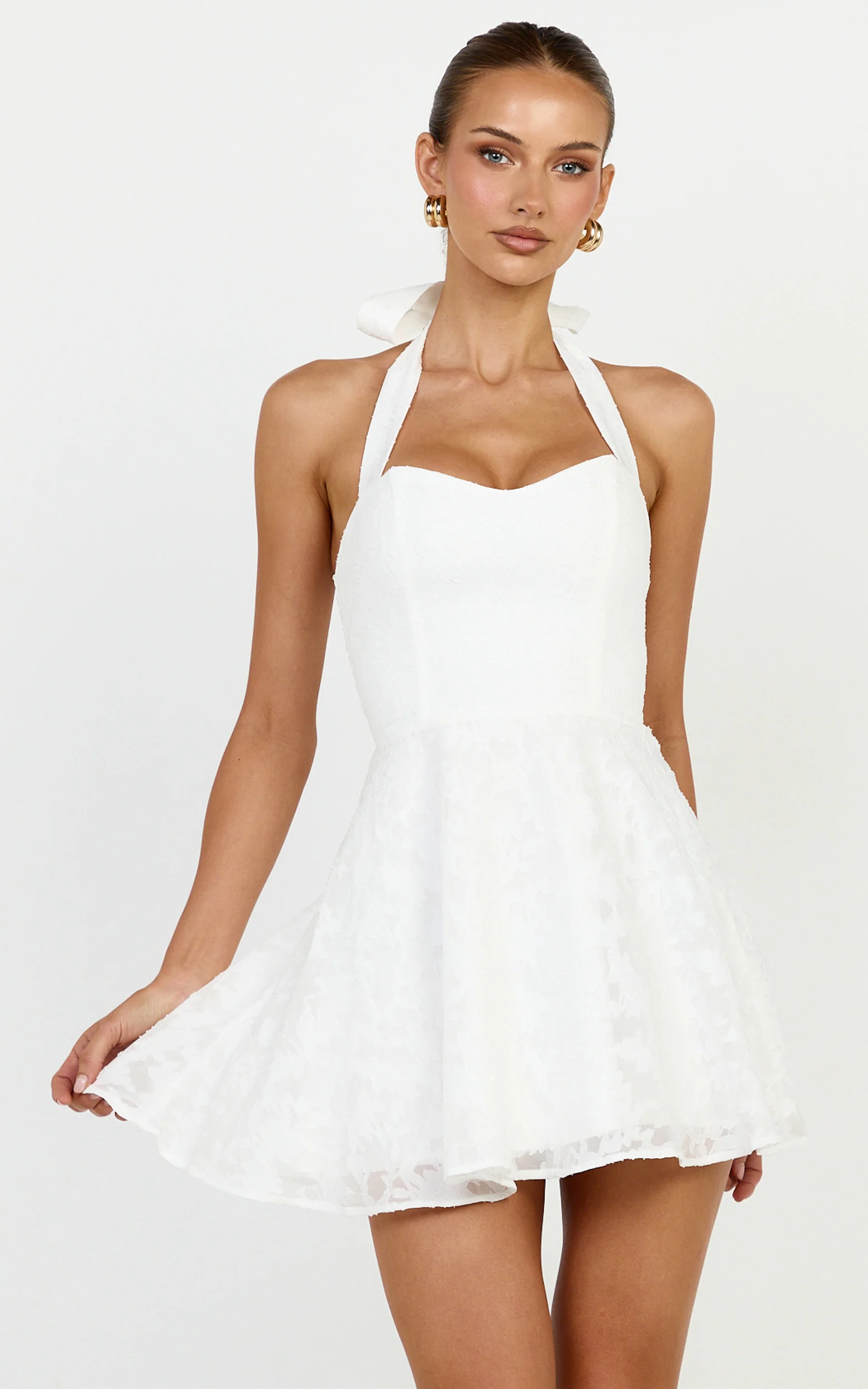 Seraphina Mini Dress - Halter Neck Clipped Jacquard Dress in White - Image 3
