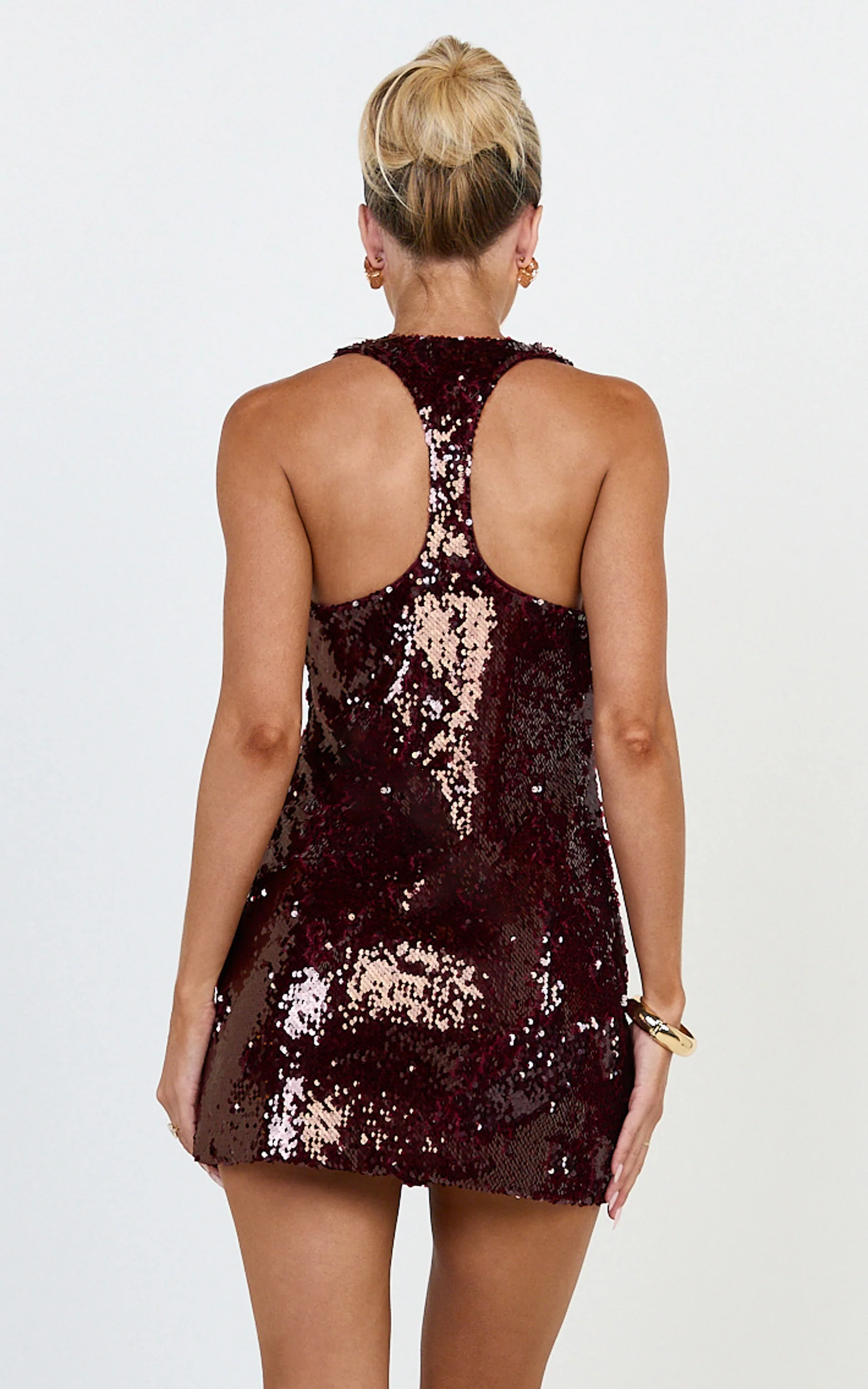 Seville Mini Dress - Racer Back A Line Sequin Dress in Ruby - Image 2
