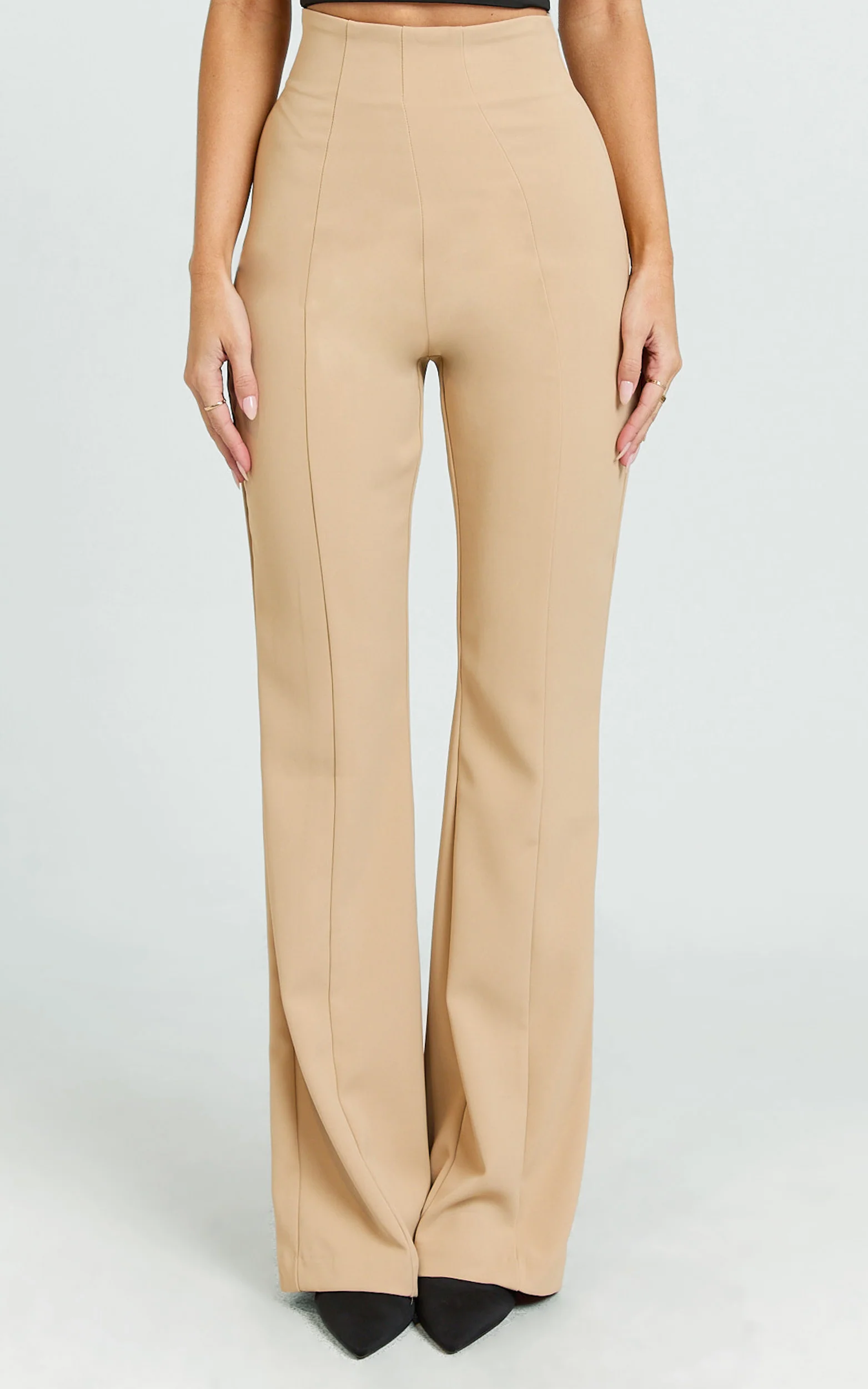 Seville Pants - High Waisted Slim Fit Bootleg Tailored Pants in Beige - Image 2