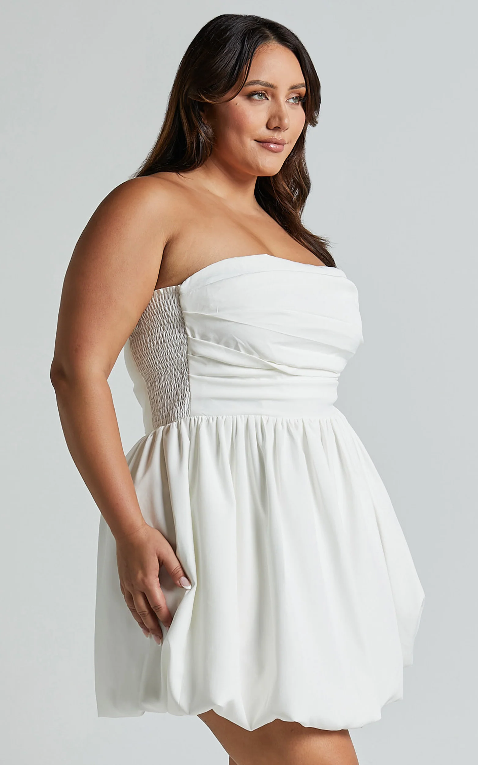 Shaima Mini Dress - Strapless Bubble Hem Dress in White - Image 6