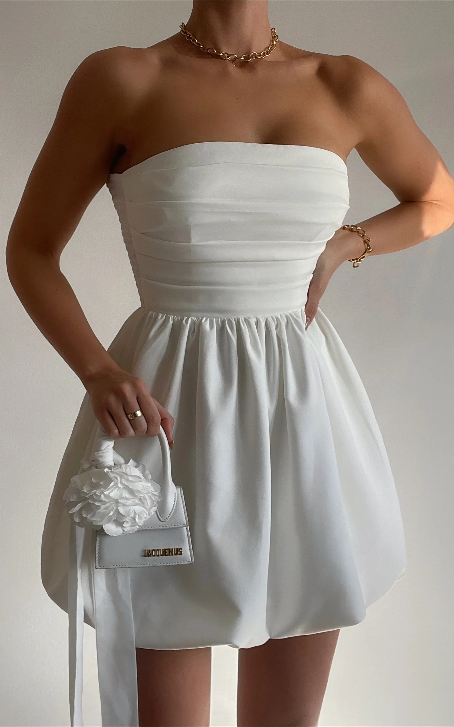 Shaima Mini Dress - Strapless Bubble Hem Dress in White - Image 8