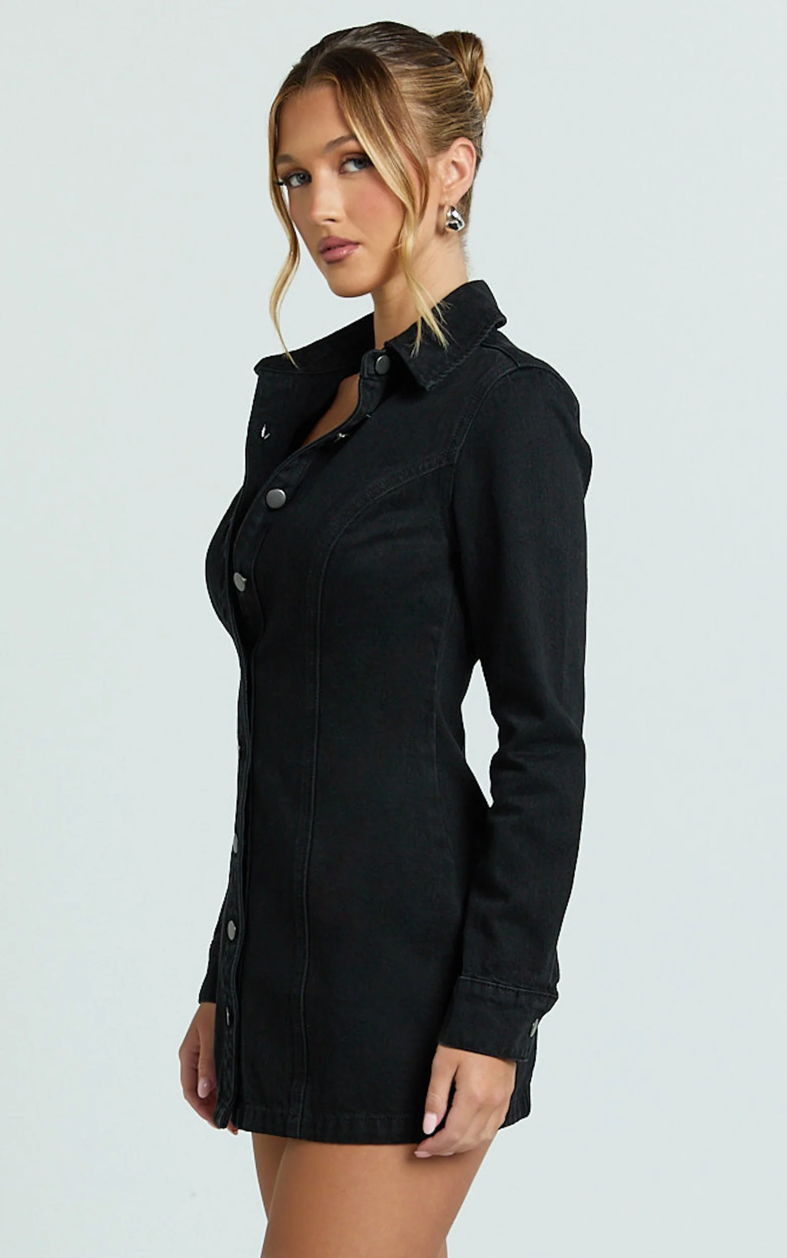 Shawn Mini Dress - Long Sleeve Button Down Denim Shirt Dress in Black - Image 4