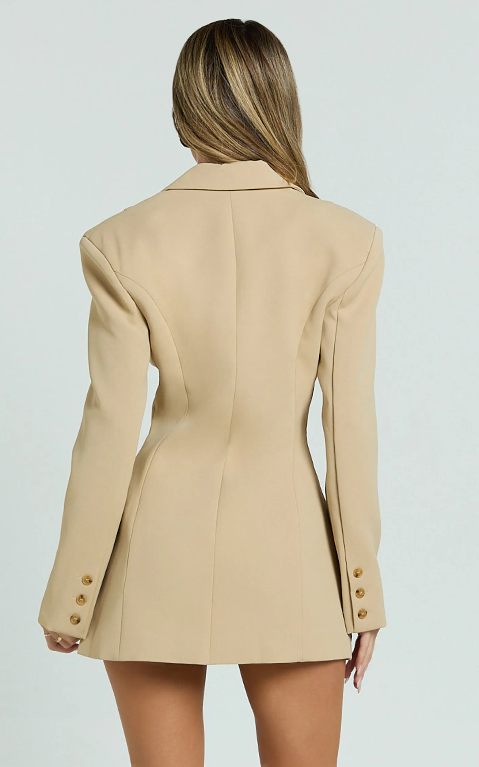 Shelley Mini Dress - Collared Double Breasted Blazer Dress in Beige - Image 7