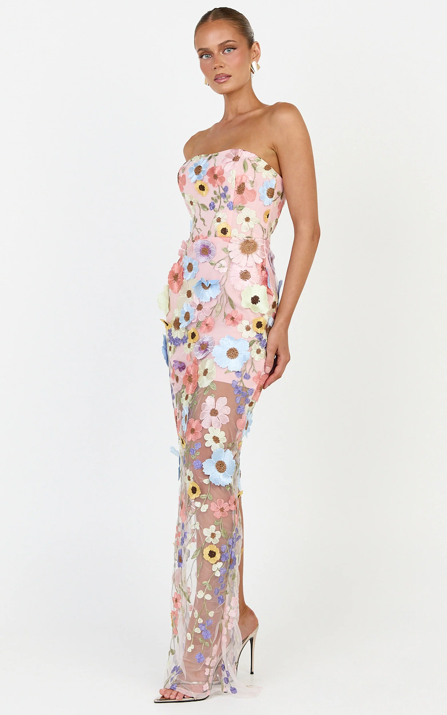 Sienna Maxi Dress - 3D Floral Strapless Column Dress in Multi - Image 5