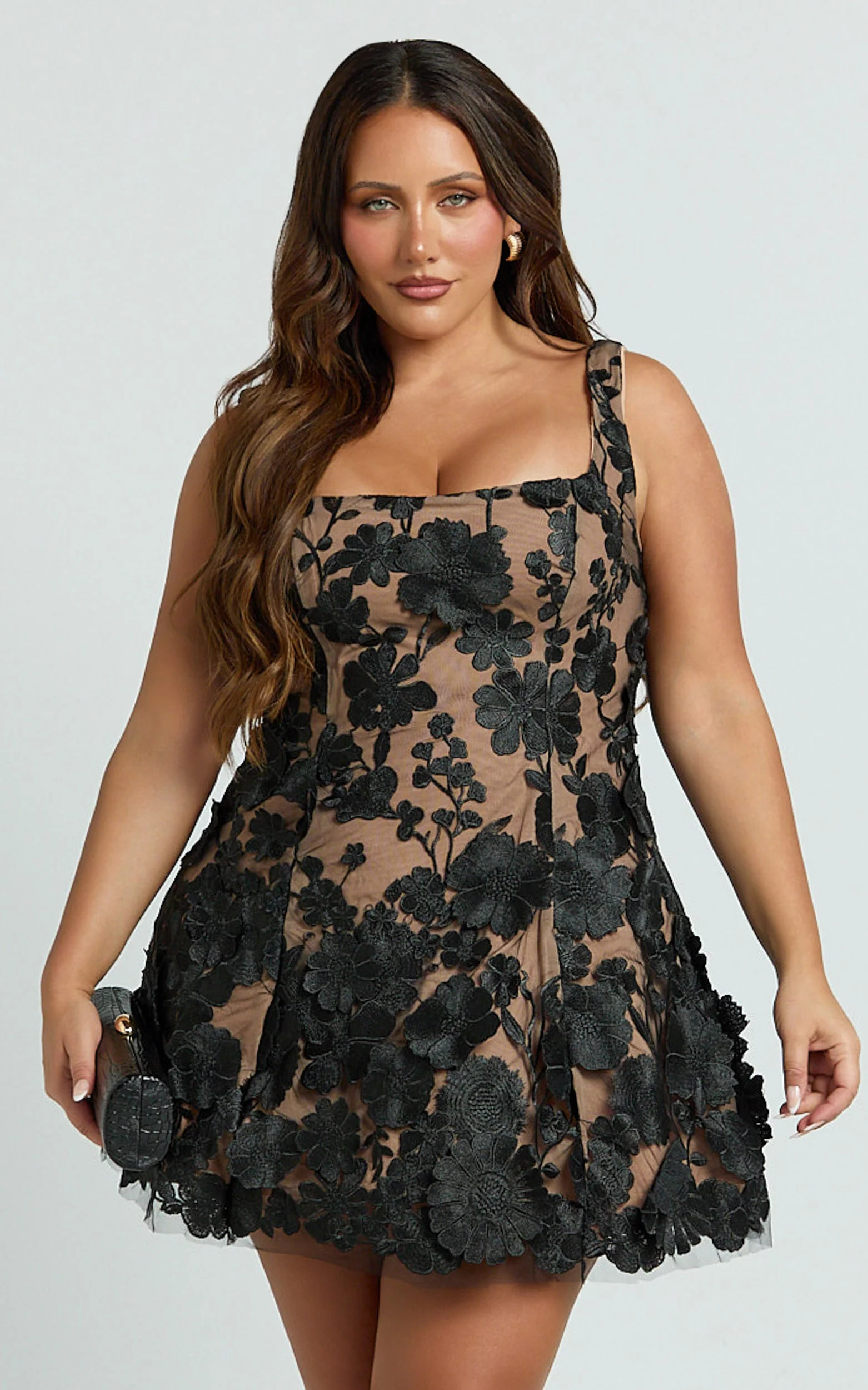 Sienna Mini Dress - 3D Floral Fit And Flare Dress in Black - Image 2