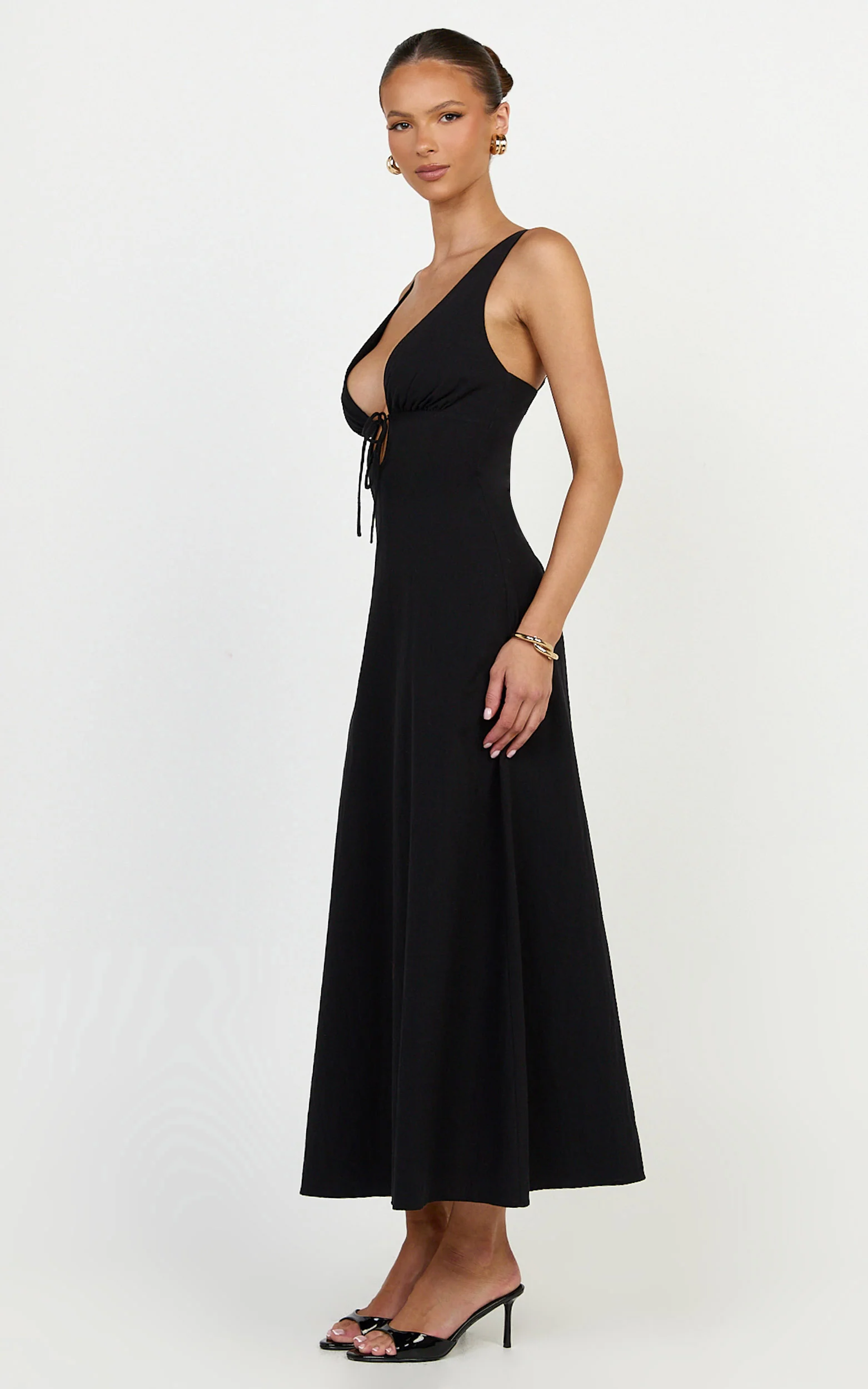 Silvena Midi Dress - Plunge Neckline Tie Front A Line Dress in Black - Image 4