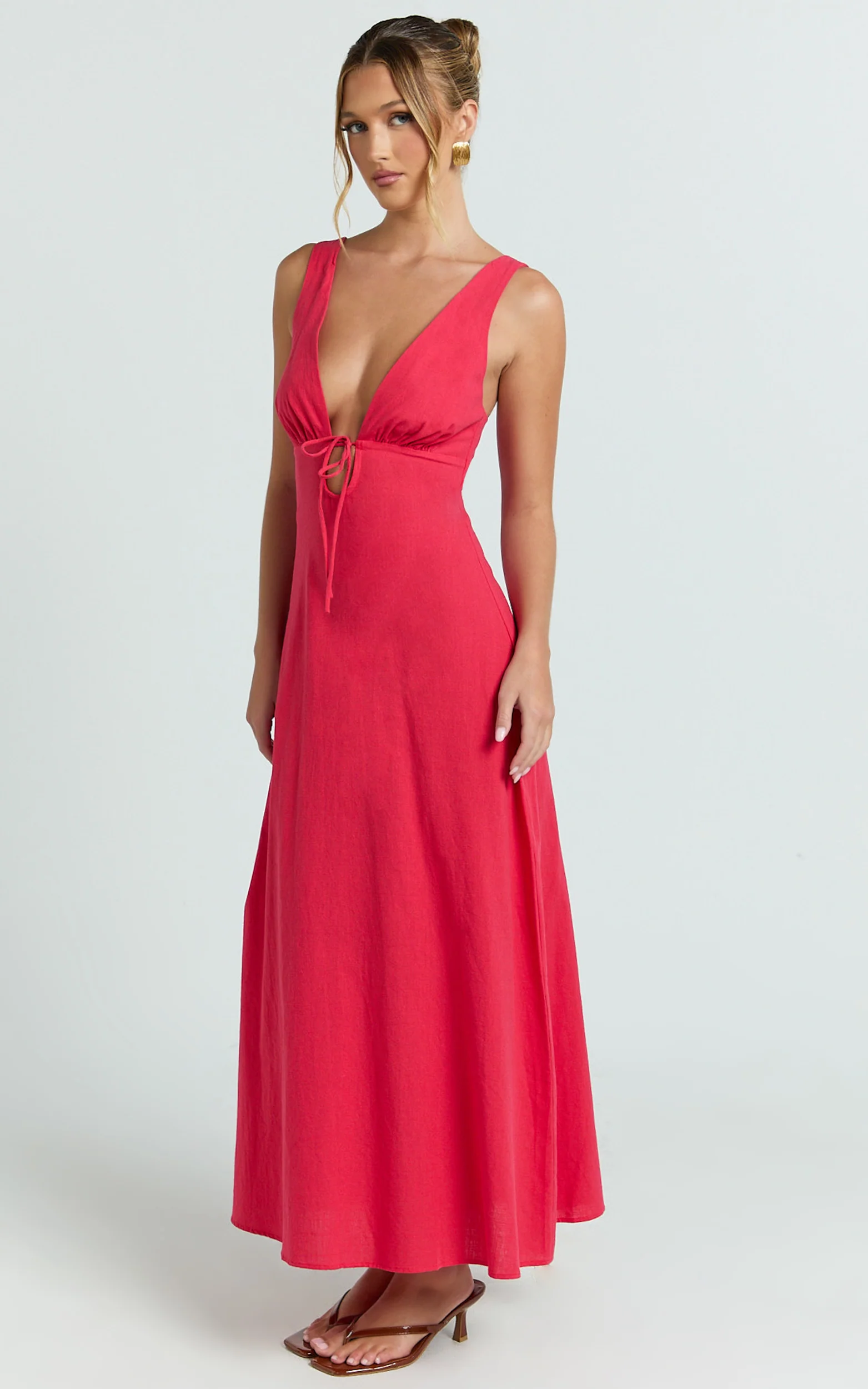 Silvena Midi Dress - Plunge Neckline Tie Front A Line Dress in Red - Image 2
