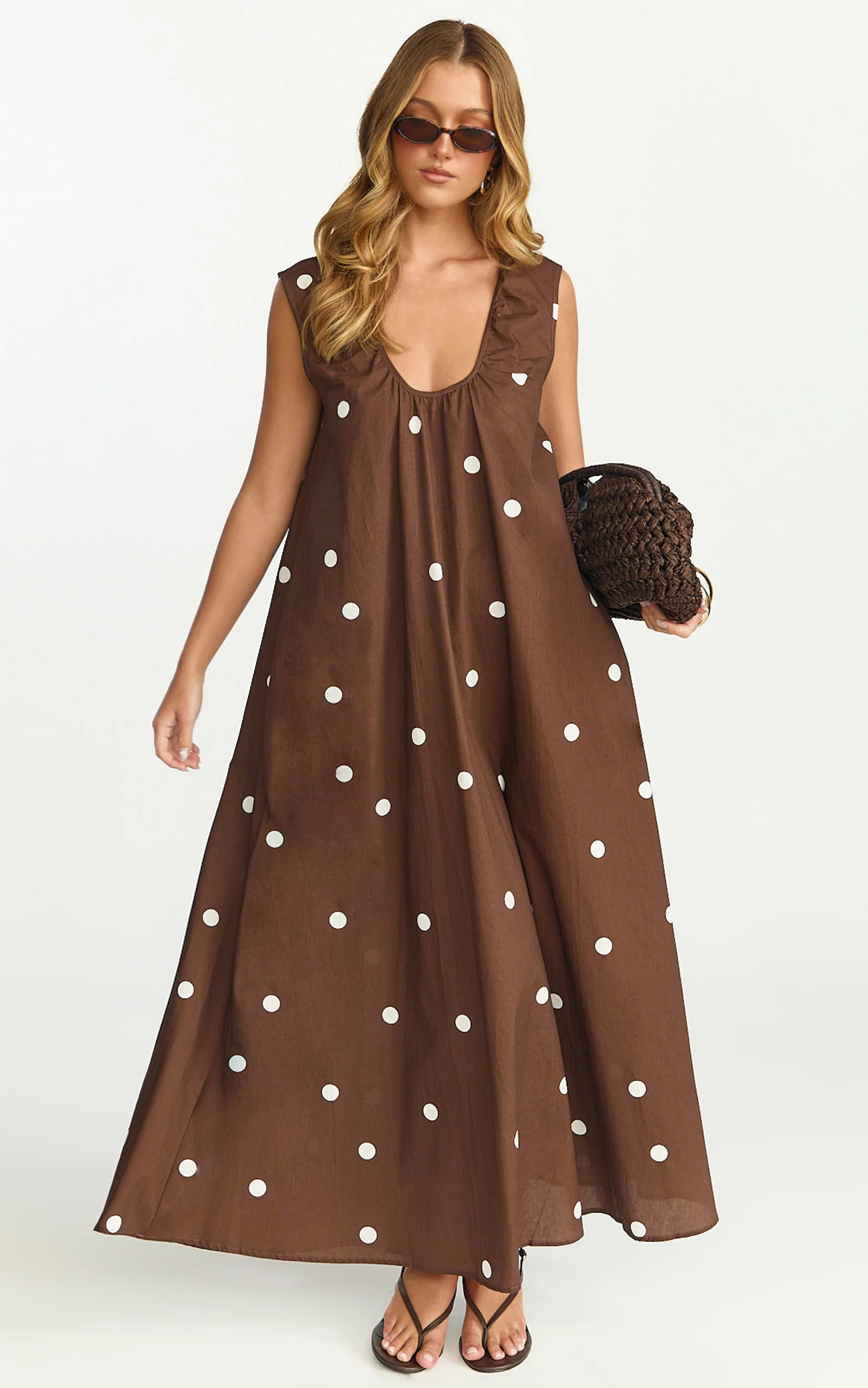 Simone Maxi Dress - U Halter Neck Linen Polkadot Dress in Chocolate - Image 3