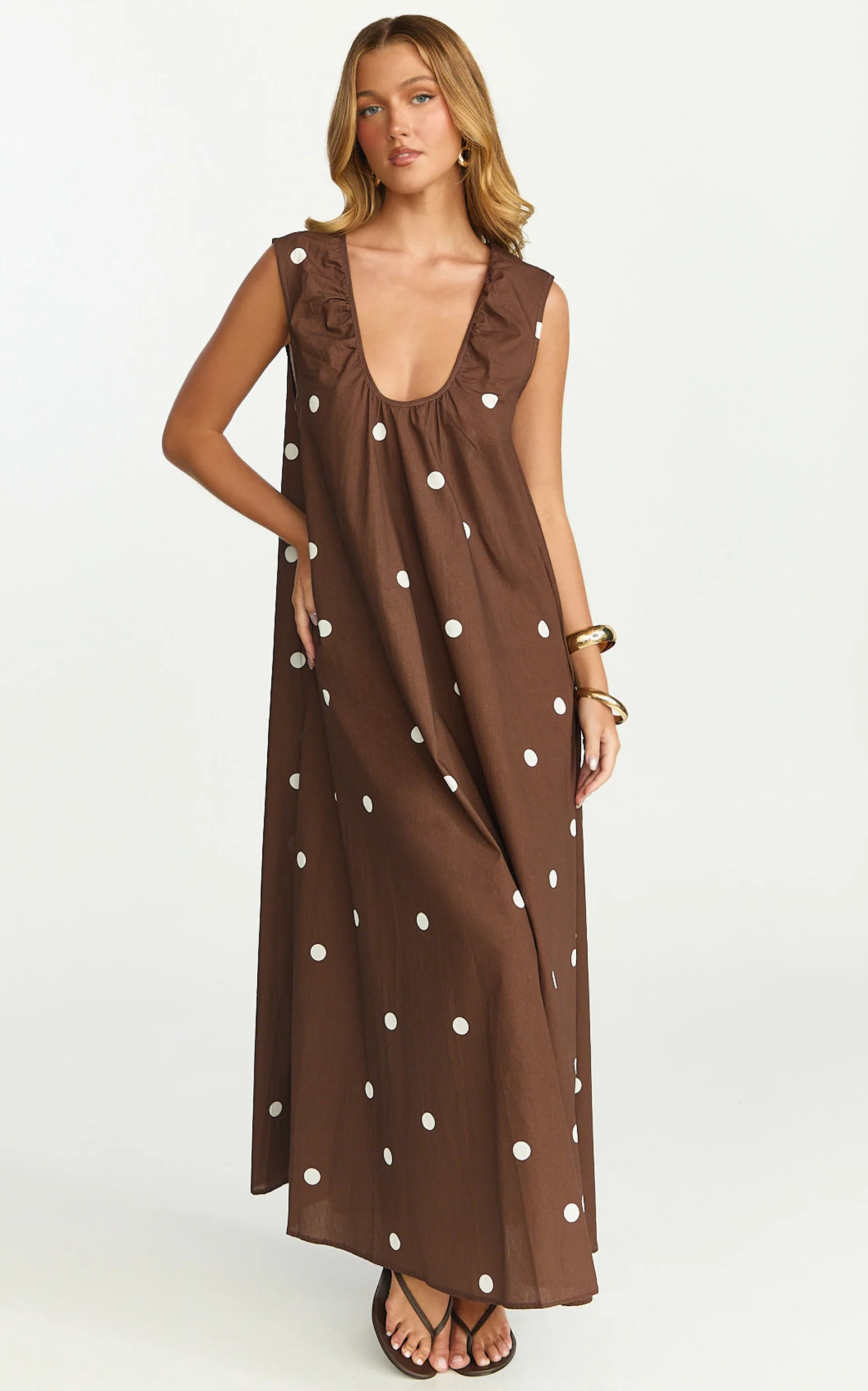Simone Maxi Dress - U Halter Neck Linen Polkadot Dress in Chocolate - Image 4