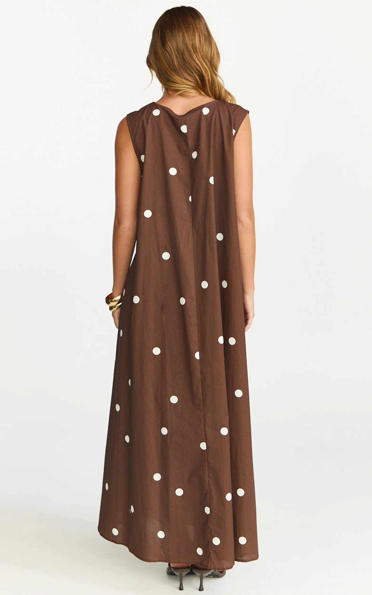 Simone Maxi Dress - U Halter Neck Linen Polkadot Dress in Chocolate - Image 5