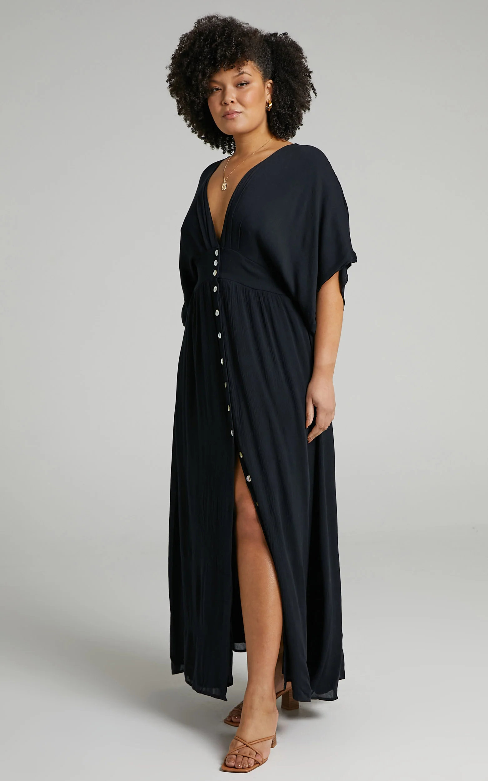 Sitting Pretty Maxi Dress - Short Sleeve Button Down Dress in Black - Image 6