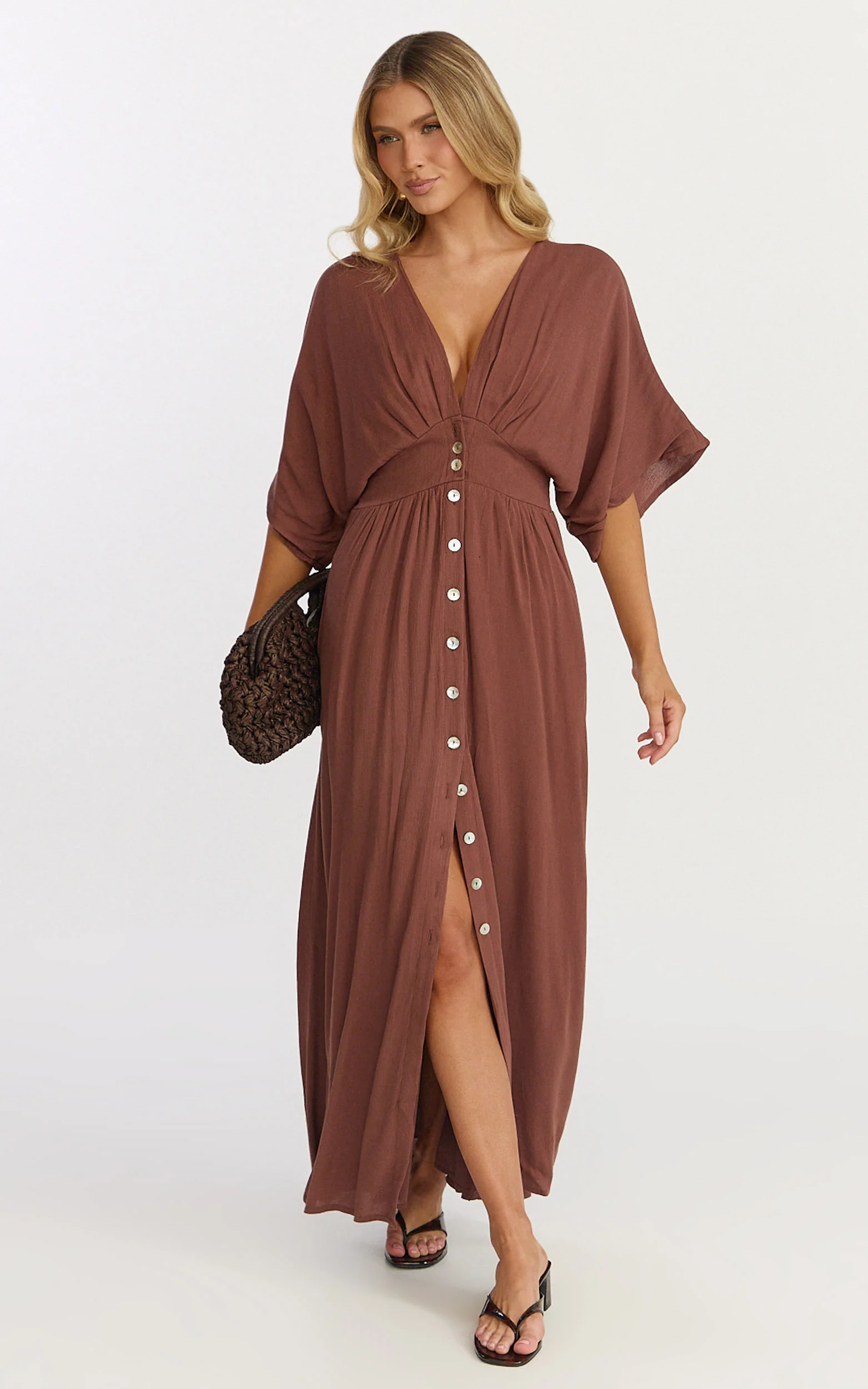 Sitting Pretty Maxi Dress - Short Sleeve Button Down Dress in Chocolate - Image 4