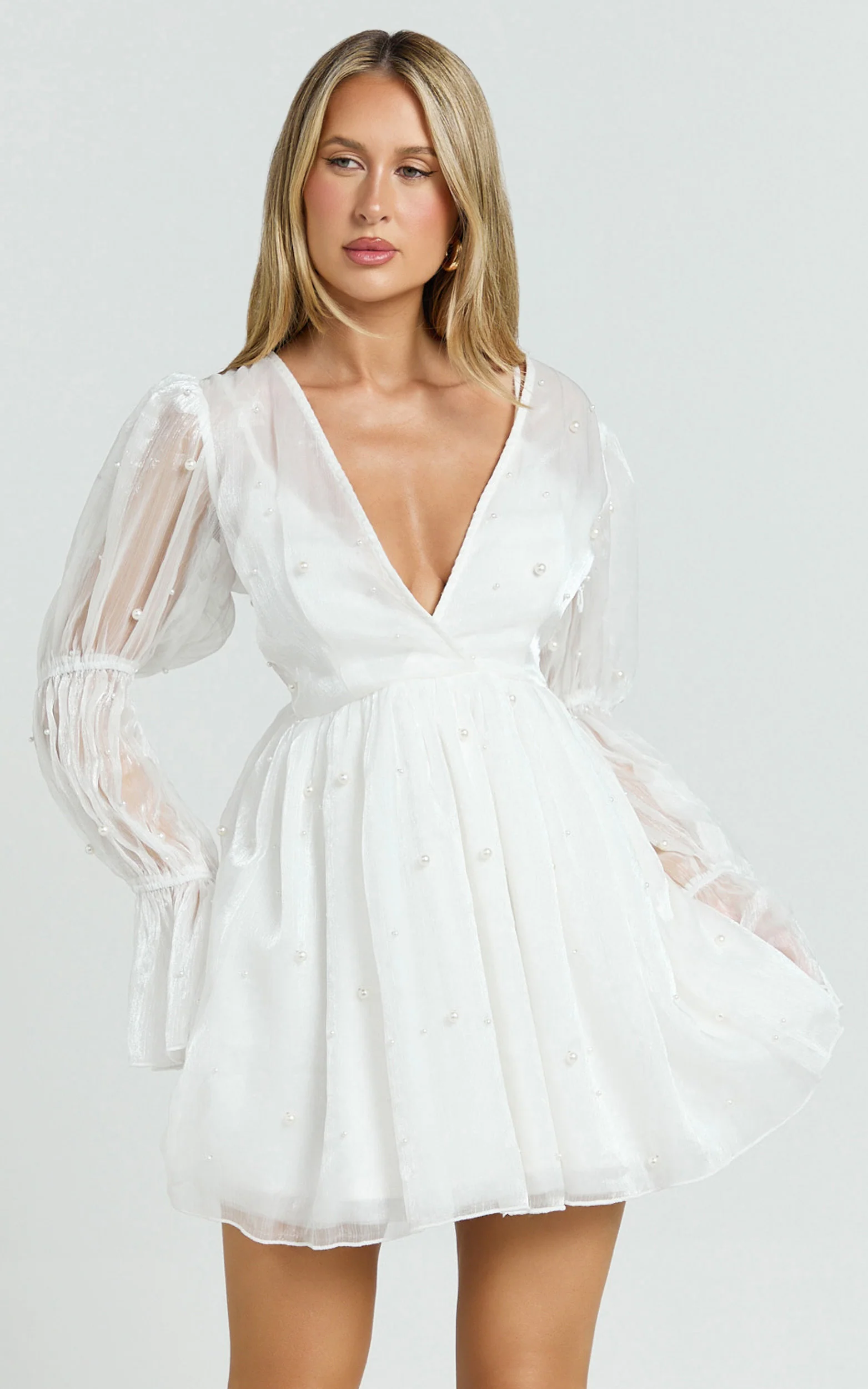 Solanna Mini Dress - Long Puff Sleeve V Neck Dress in White - Image 3