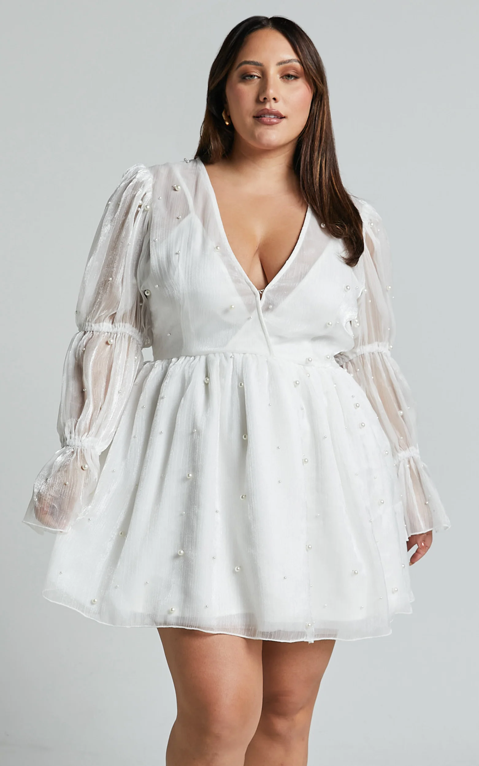 Solanna Mini Dress - Long Puff Sleeve V Neck Dress in White - Image 4