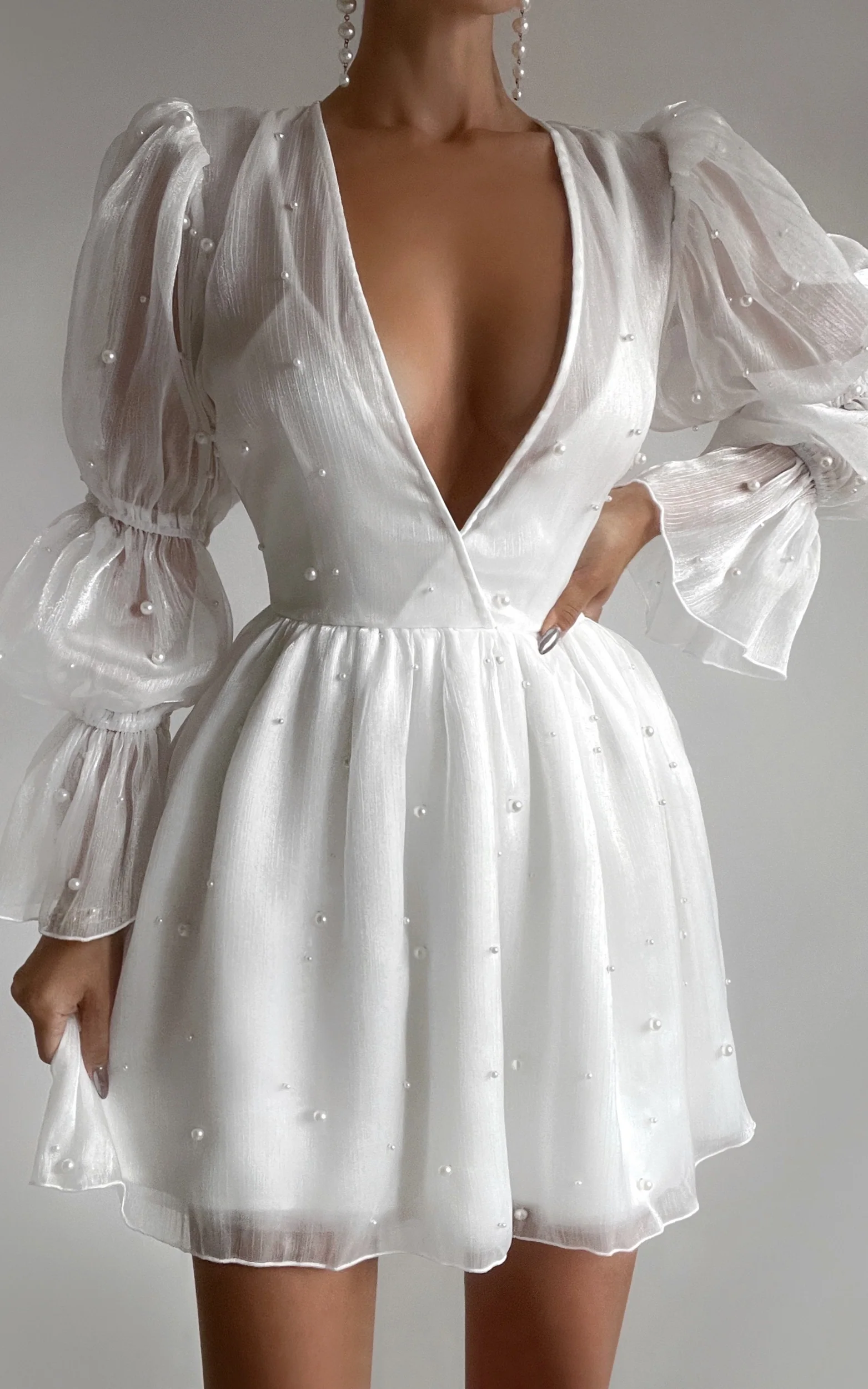 Solanna Mini Dress - Long Puff Sleeve V Neck Dress in White - Image 5