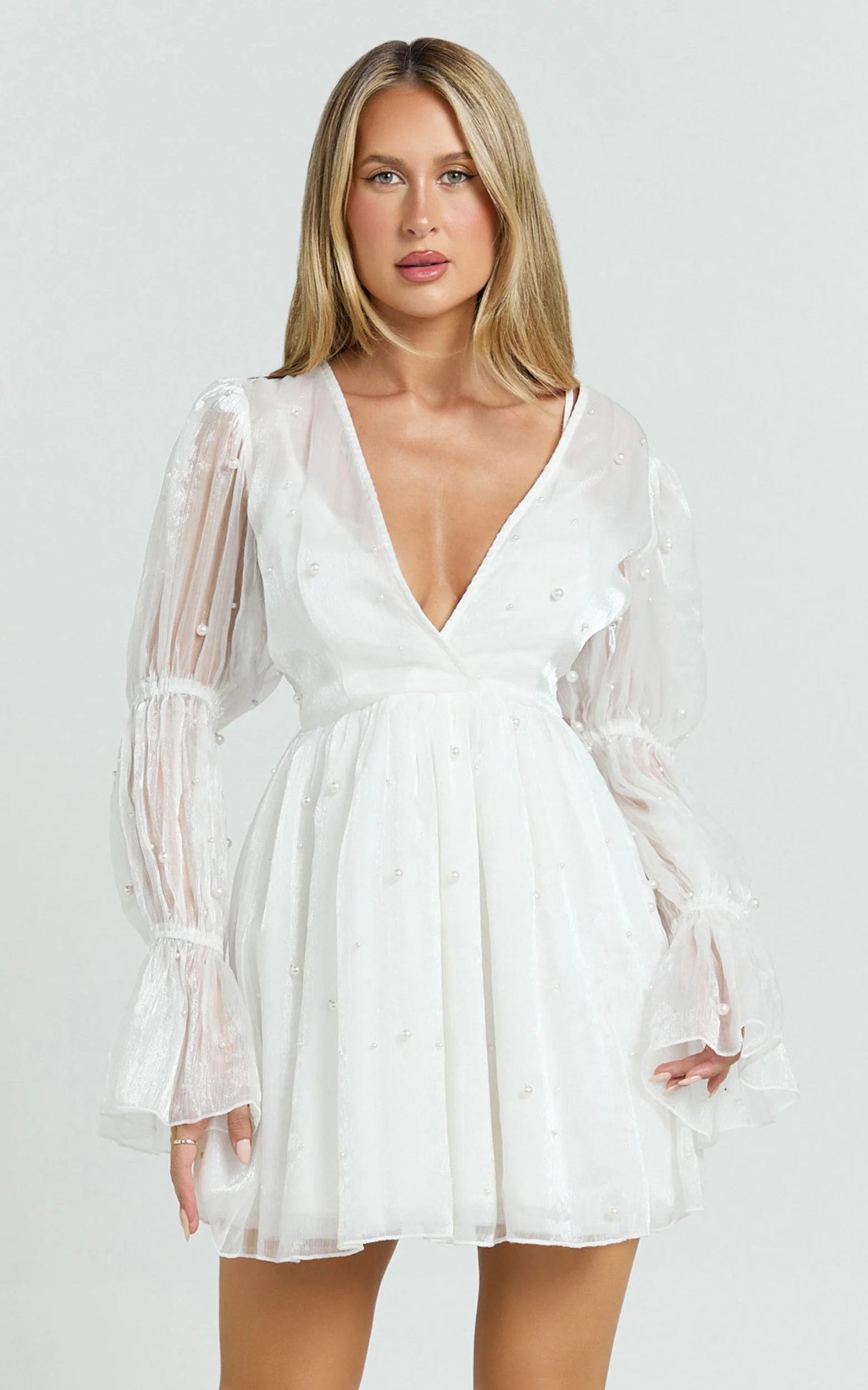 Solanna Mini Dress - Long Puff Sleeve V Neck Dress in White - Image 6