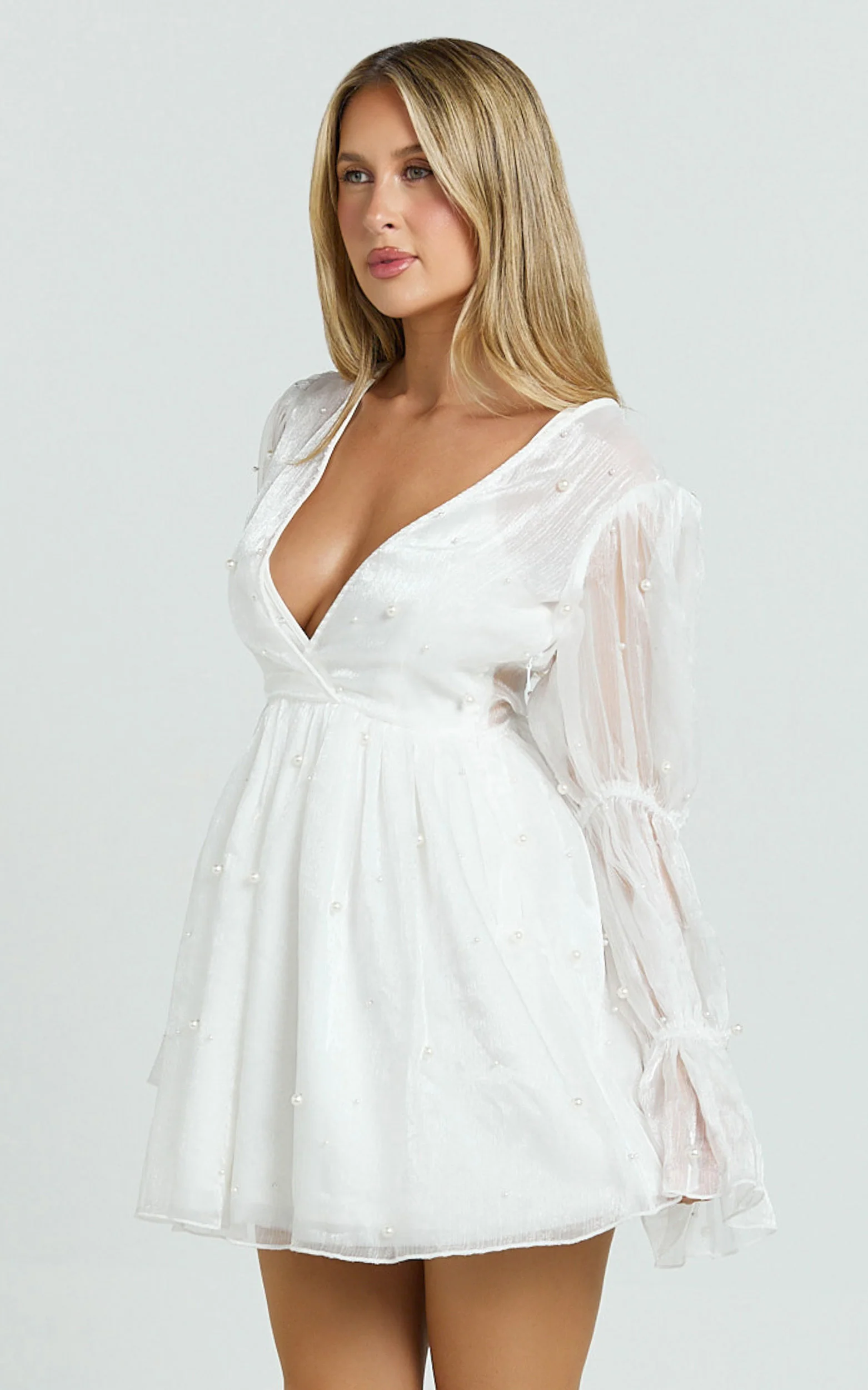 Solanna Mini Dress - Long Puff Sleeve V Neck Dress in White - Image 8