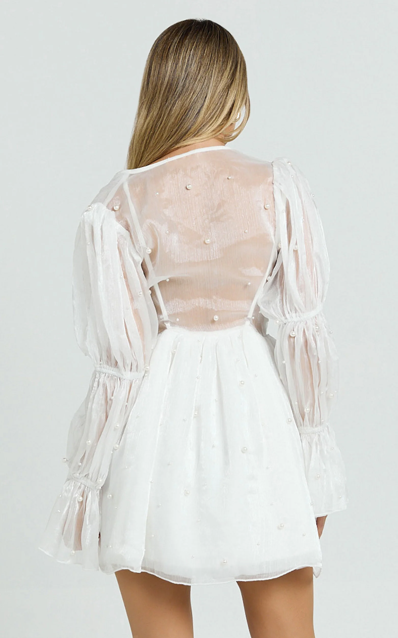 Solanna Mini Dress - Long Puff Sleeve V Neck Dress in White - Image 9
