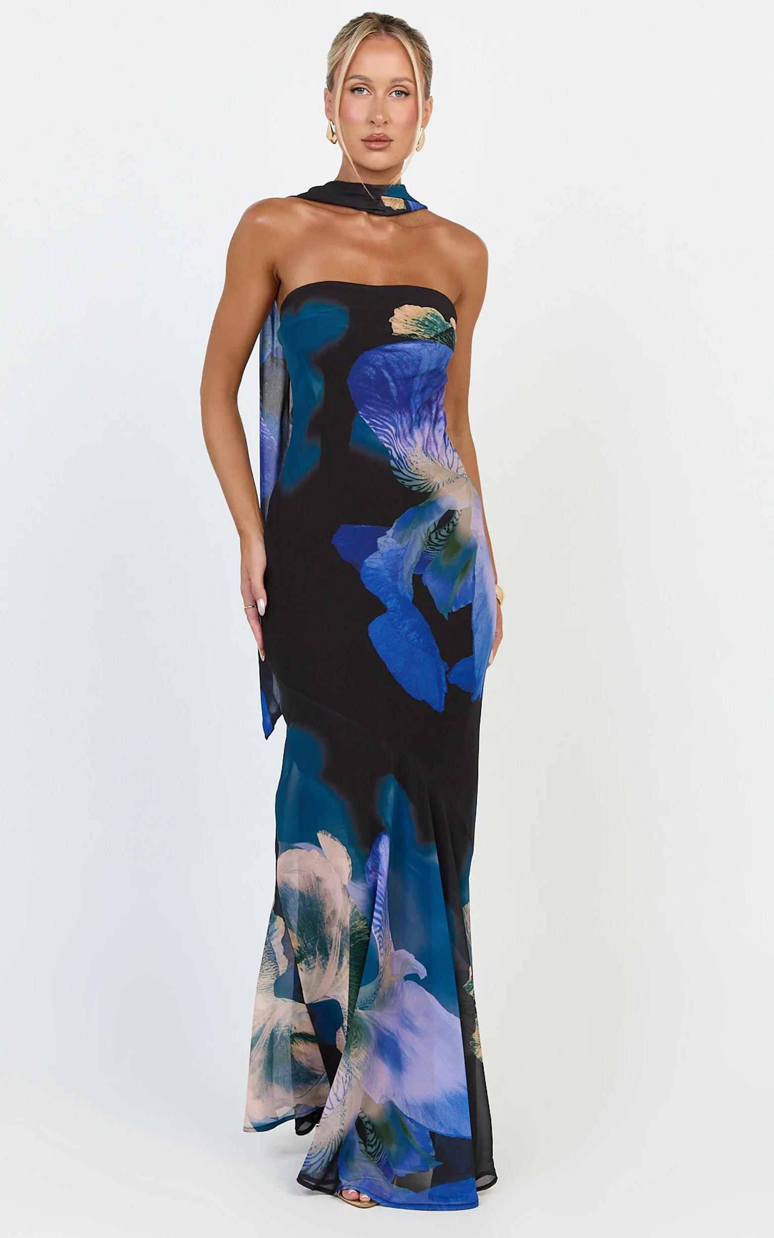 Solara Maxi Dress - Strapless Bias Column Dress with Scarf in Midnight Resort Orchid Print - Image 4